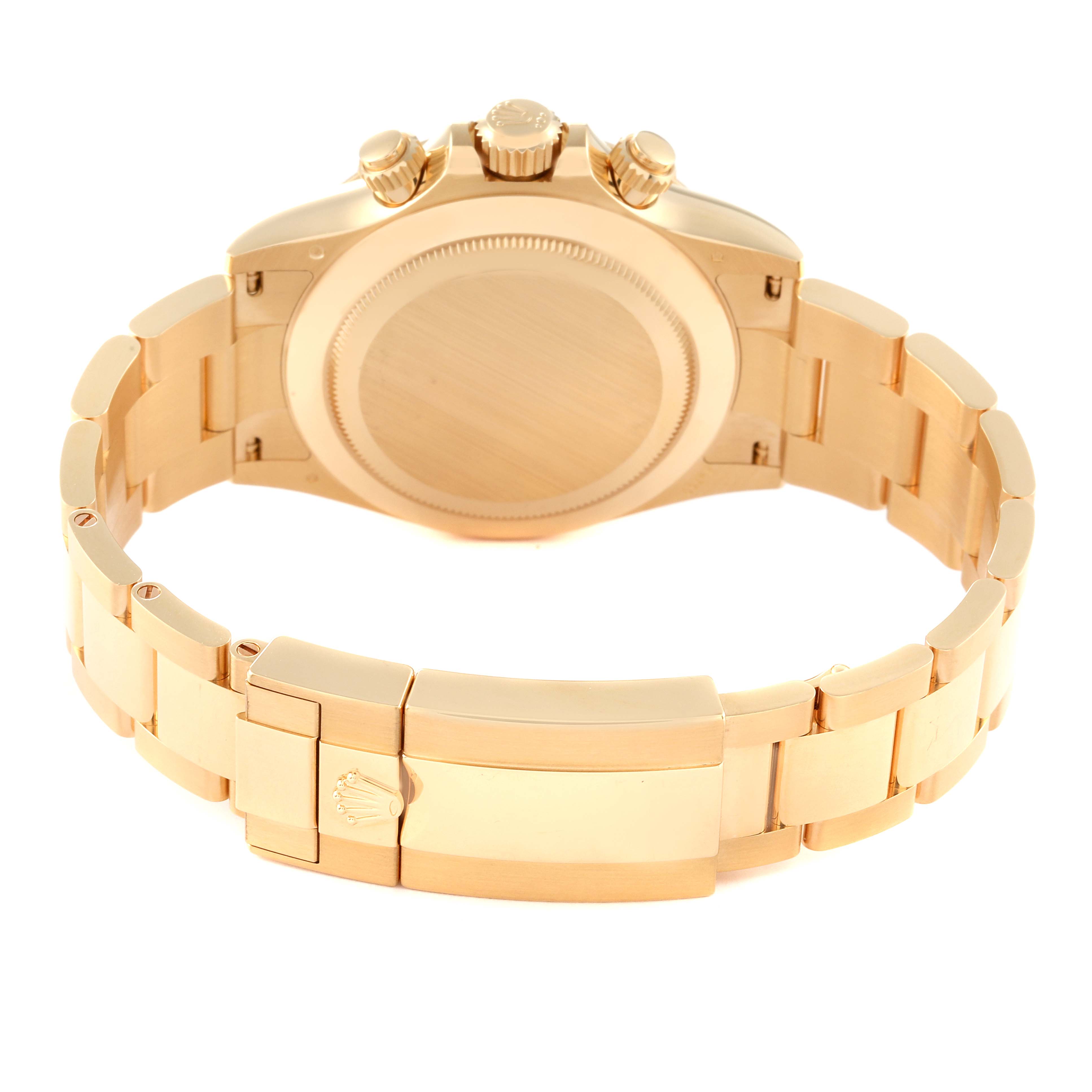 This image shows the back view and bracelet of a gold Rolex Daytona 116508 Men's Yellow Gold White Dial 116508 Men's Yellow Gold White Dial watch.