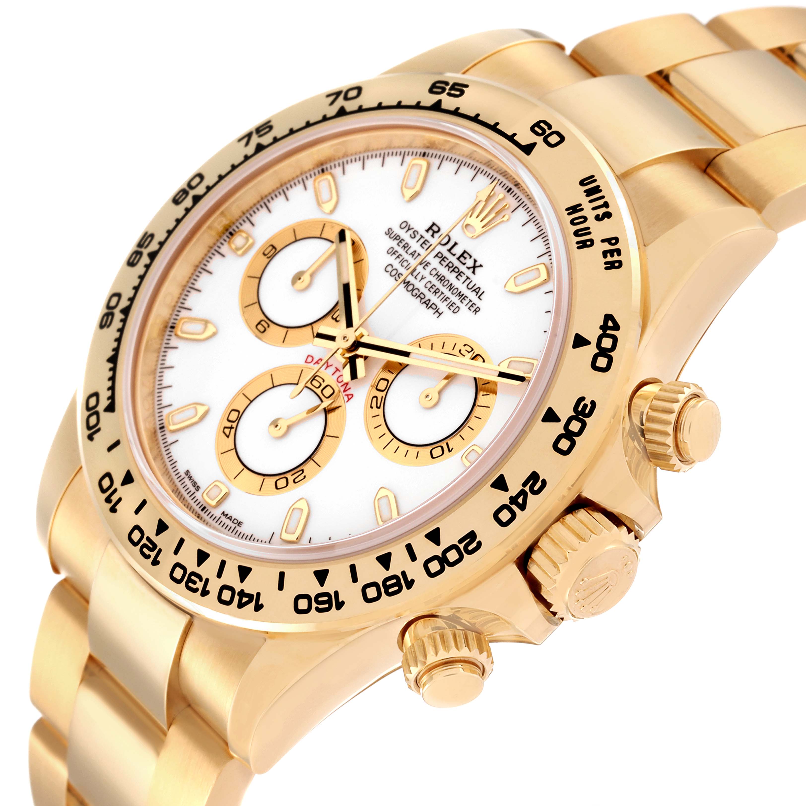 The image shows a side angle of a Rolex Daytona 116508 Men's Yellow Gold White Dial 116508 Men's Yellow Gold White Dial watch, highlighting its gold case, bracelet, bezel, and dial with subdials.
