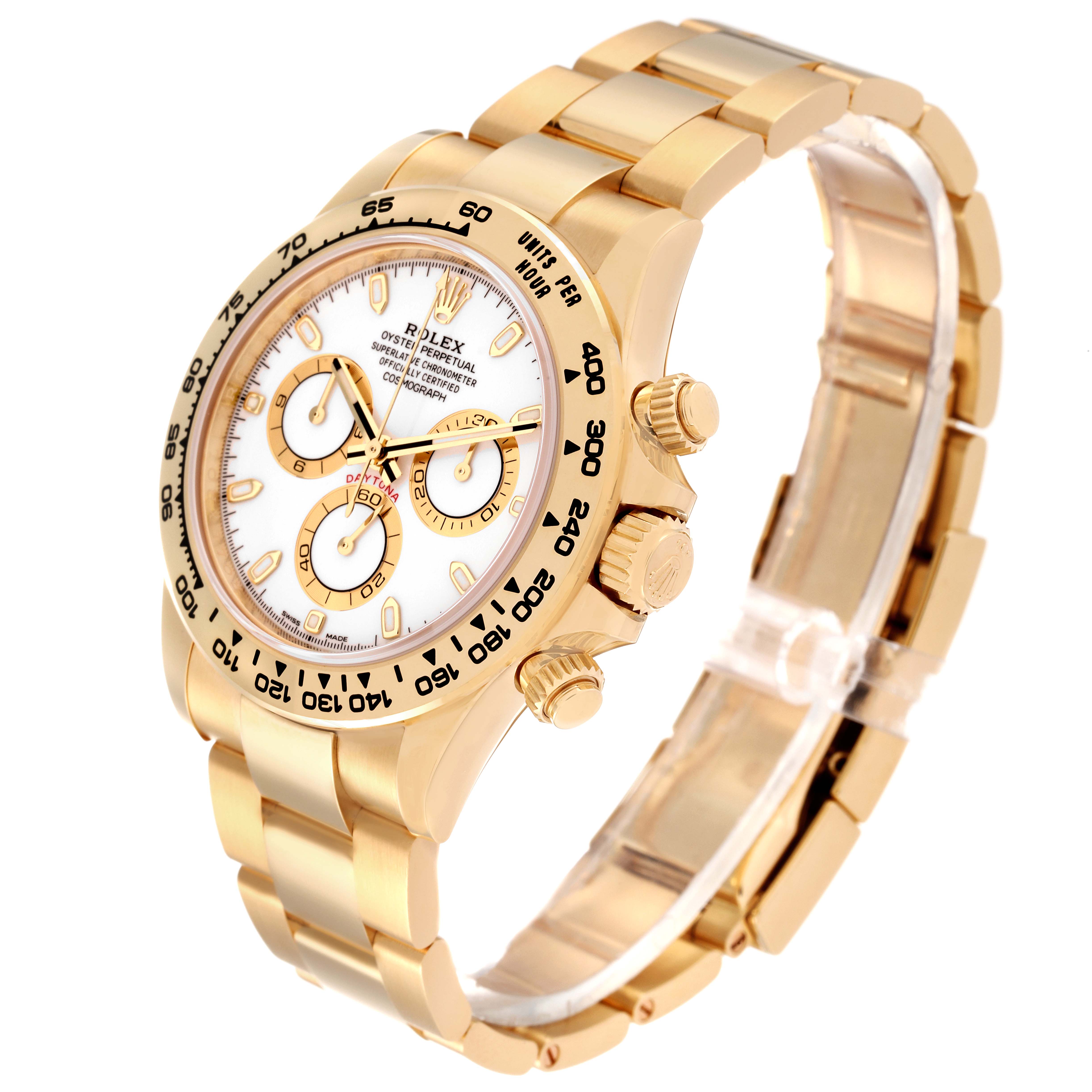 This Rolex Daytona 116508 Men's Yellow Gold White Dial 116508 Men's Yellow Gold White Dial watch is shown from an angled side view, highlighting the face, bezel, crown, and bracelet.