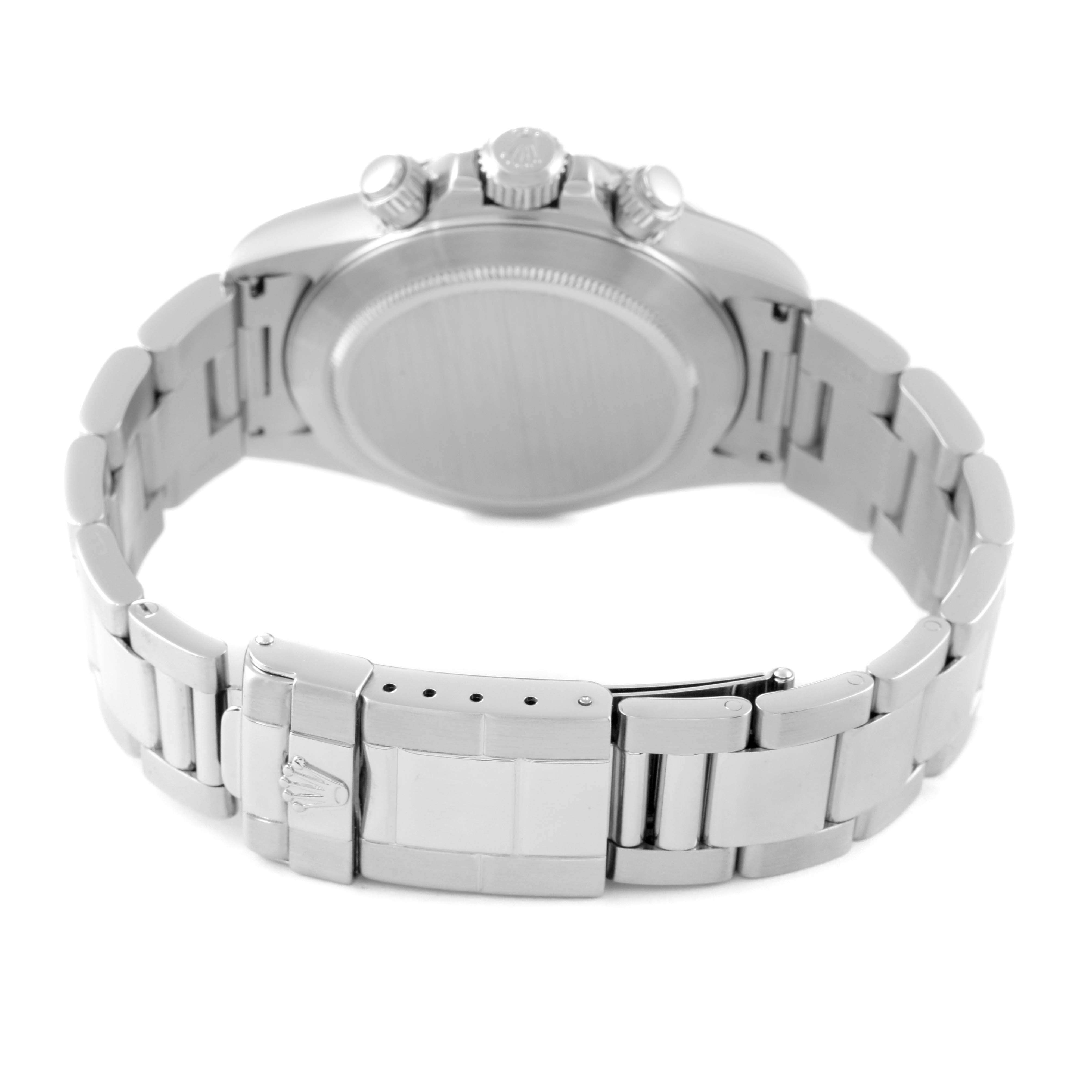 The image shows the back view of a Rolex Daytona 16520 Men
s Stainless Steel White Dial 16520 Men
s Stainless Steel White Dial watch, highlighting its clasp, bracelet, and the rear case.