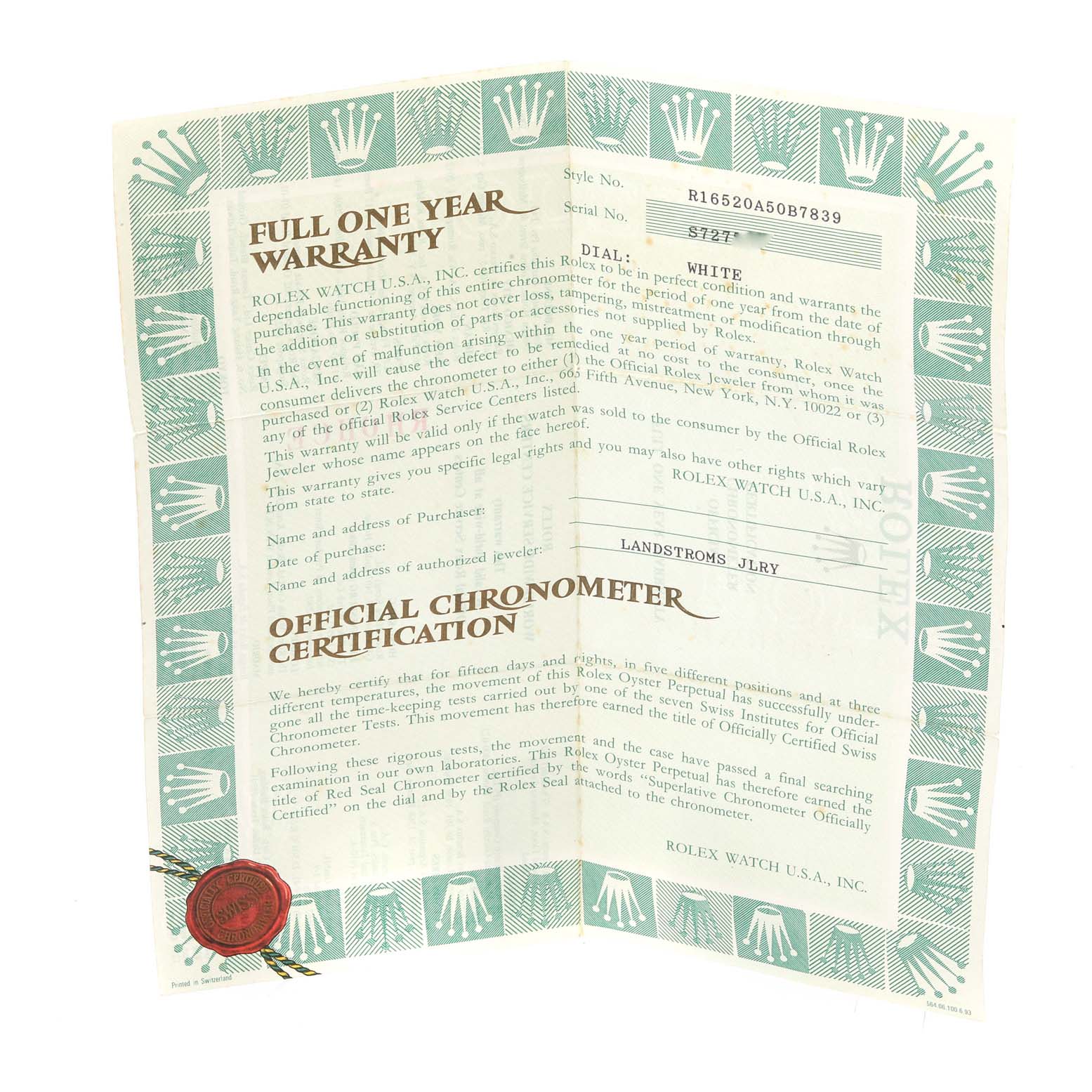 This image shows a folded warranty and certification document for the Rolex Daytona 16520 Men
s Stainless Steel White Dial 16520 Men
s Stainless Steel White Dial watch model.