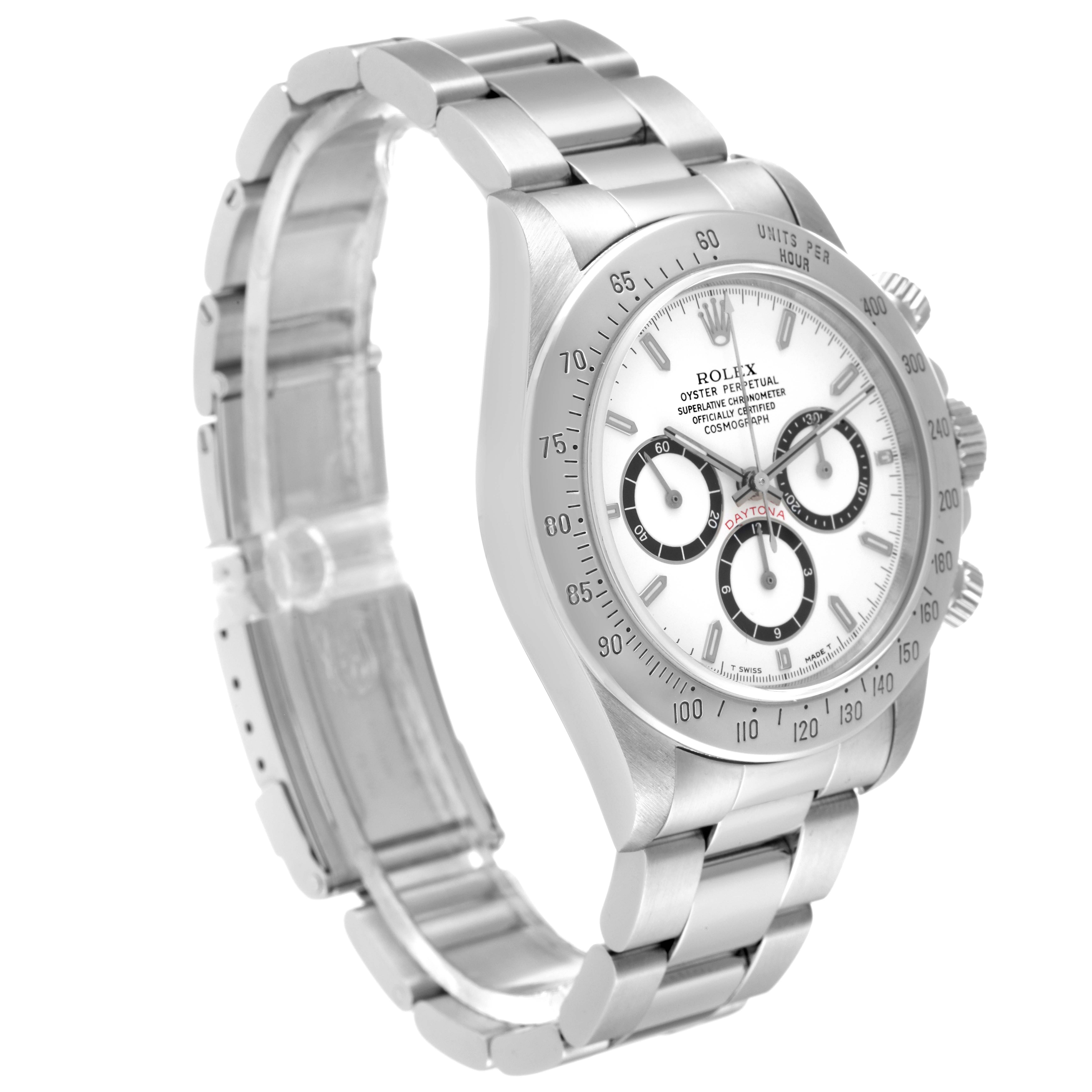 The Rolex Daytona 16520 Men
s Stainless Steel White Dial 16520 Men
s Stainless Steel White Dial watch is shown at an angled view, featuring its bracelet, bezel, and dial with three subdials.