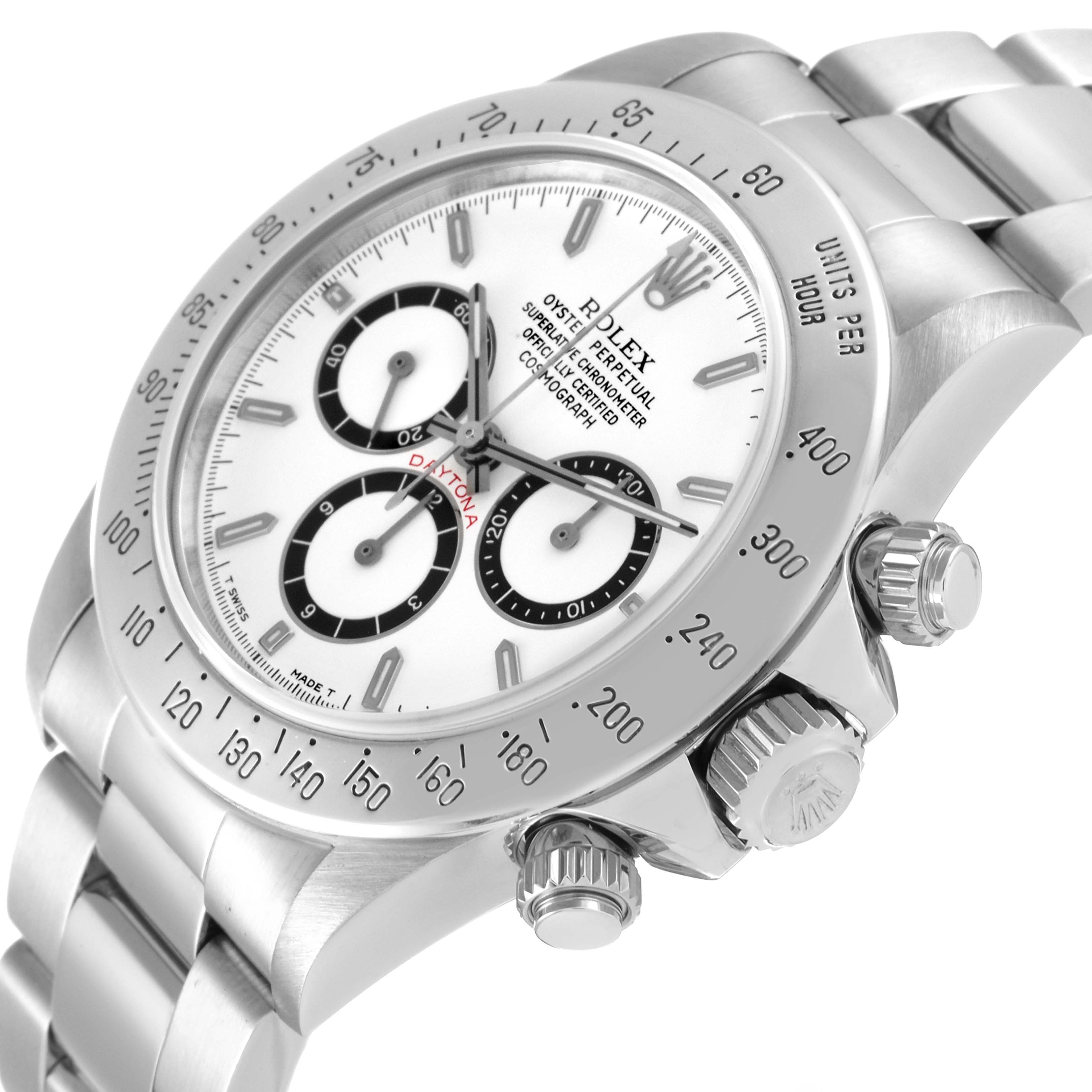 This image shows a close-up side view of a Rolex Daytona 16520 Men
s Stainless Steel White Dial 16520 Men
s Stainless Steel White Dial watch, highlighting its bezel, dial, chronograph sub-dials, and crown.