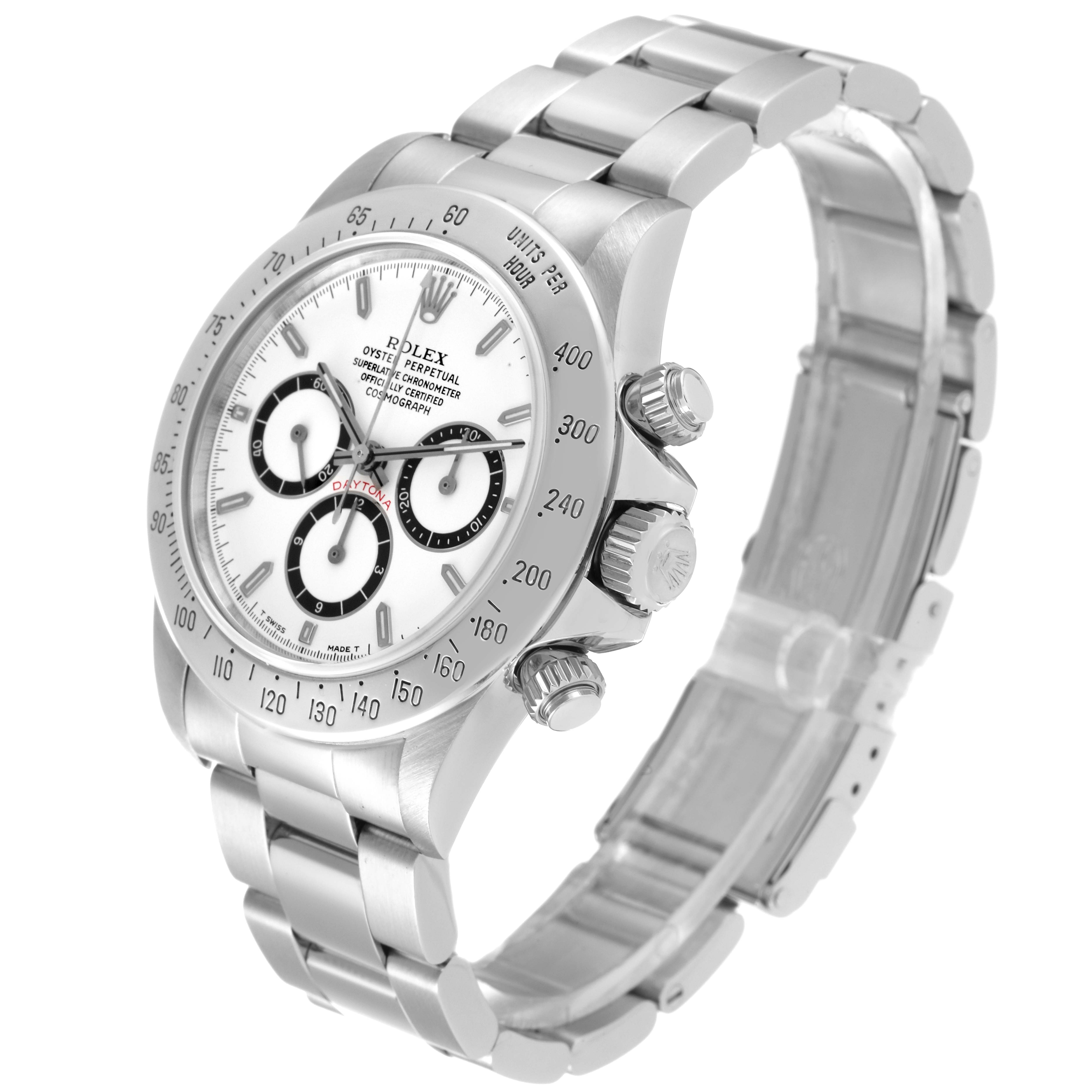 The Rolex Daytona 16520 Men
s Stainless Steel White Dial 16520 Men
s Stainless Steel White Dial watch is shown from a three-quarter angled view, highlighting its face, bezel, pushers, and bracelet.