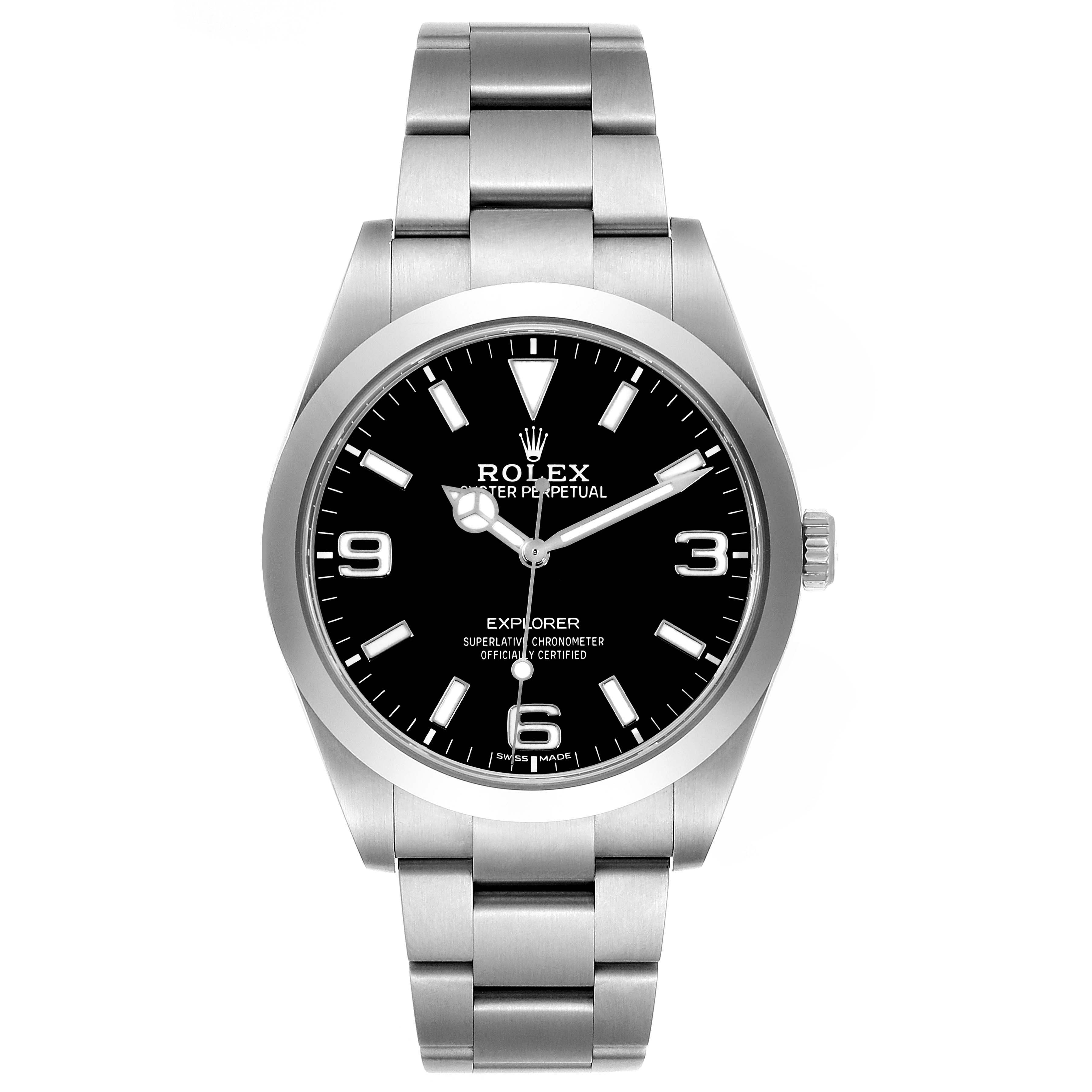 The Rolex Explorer 214270 Men
s Stainless Steel Black Dial 214270 Men
s Stainless Steel Black Dial watch is shown from the front, displaying the face, bezel, and part of the bracelet.