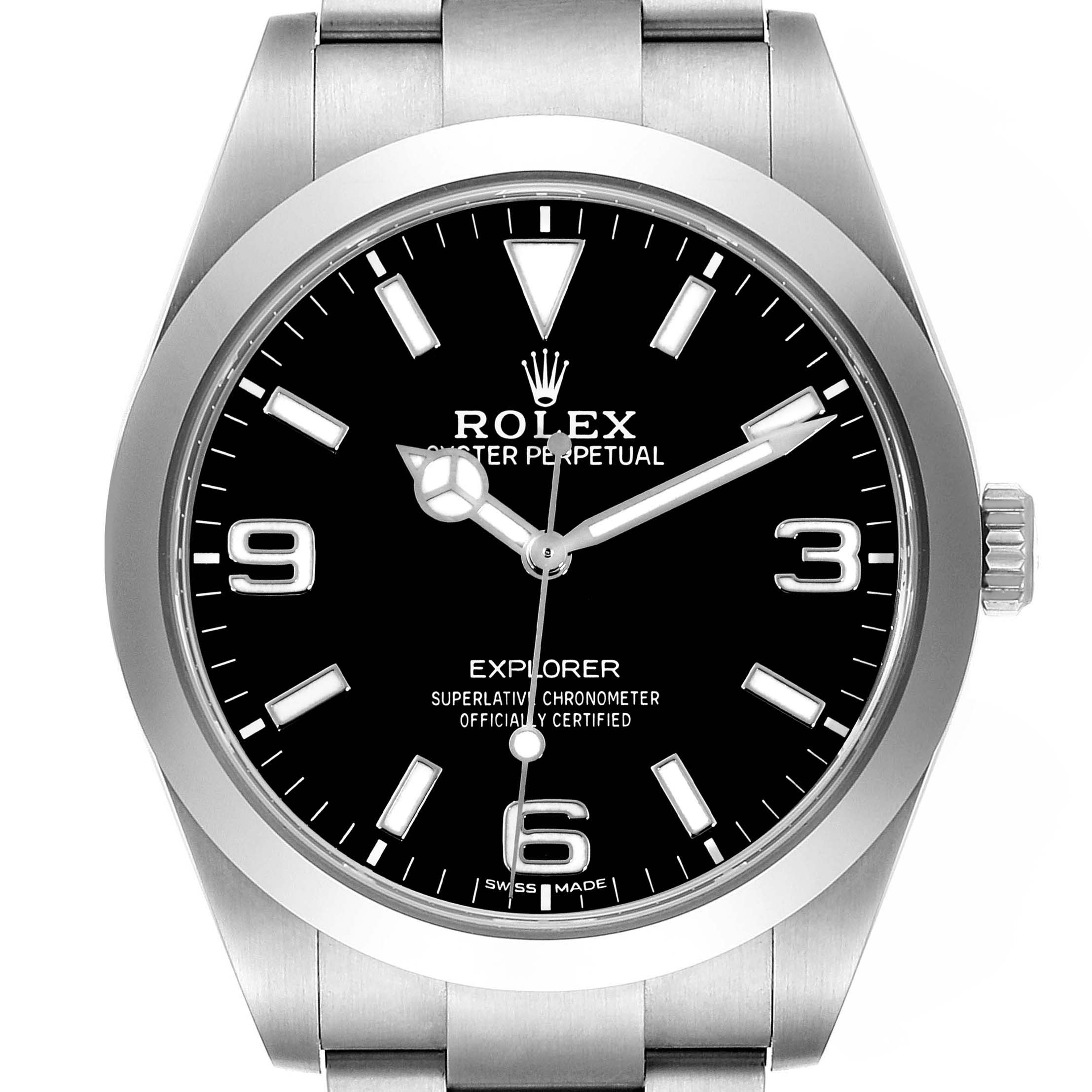 The Rolex Explorer 214270 Men
s Stainless Steel Black Dial 214270 Men
s Stainless Steel Black Dial watch is shown from a front angle, displaying the face, hands, and partial bracelet.