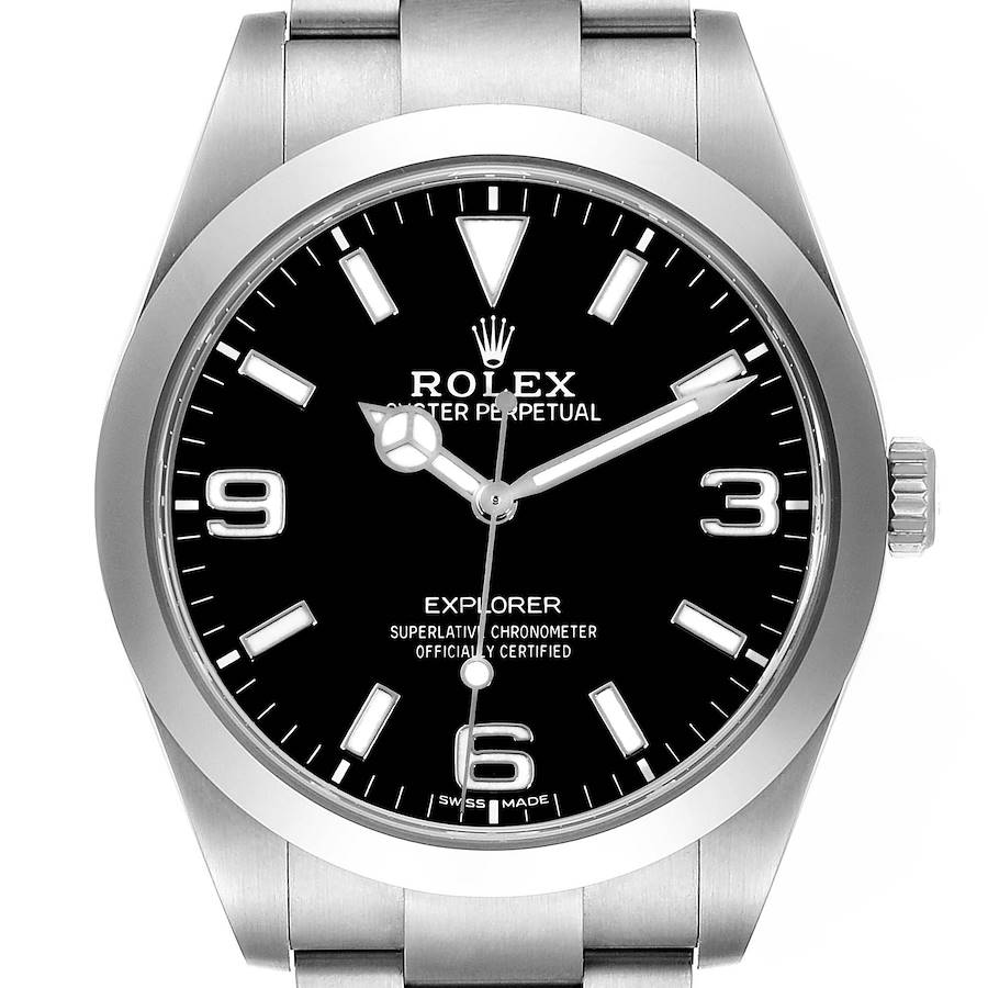 The Rolex Explorer watch is shown from a front angle, displaying the face, hands, and partial bracelet.