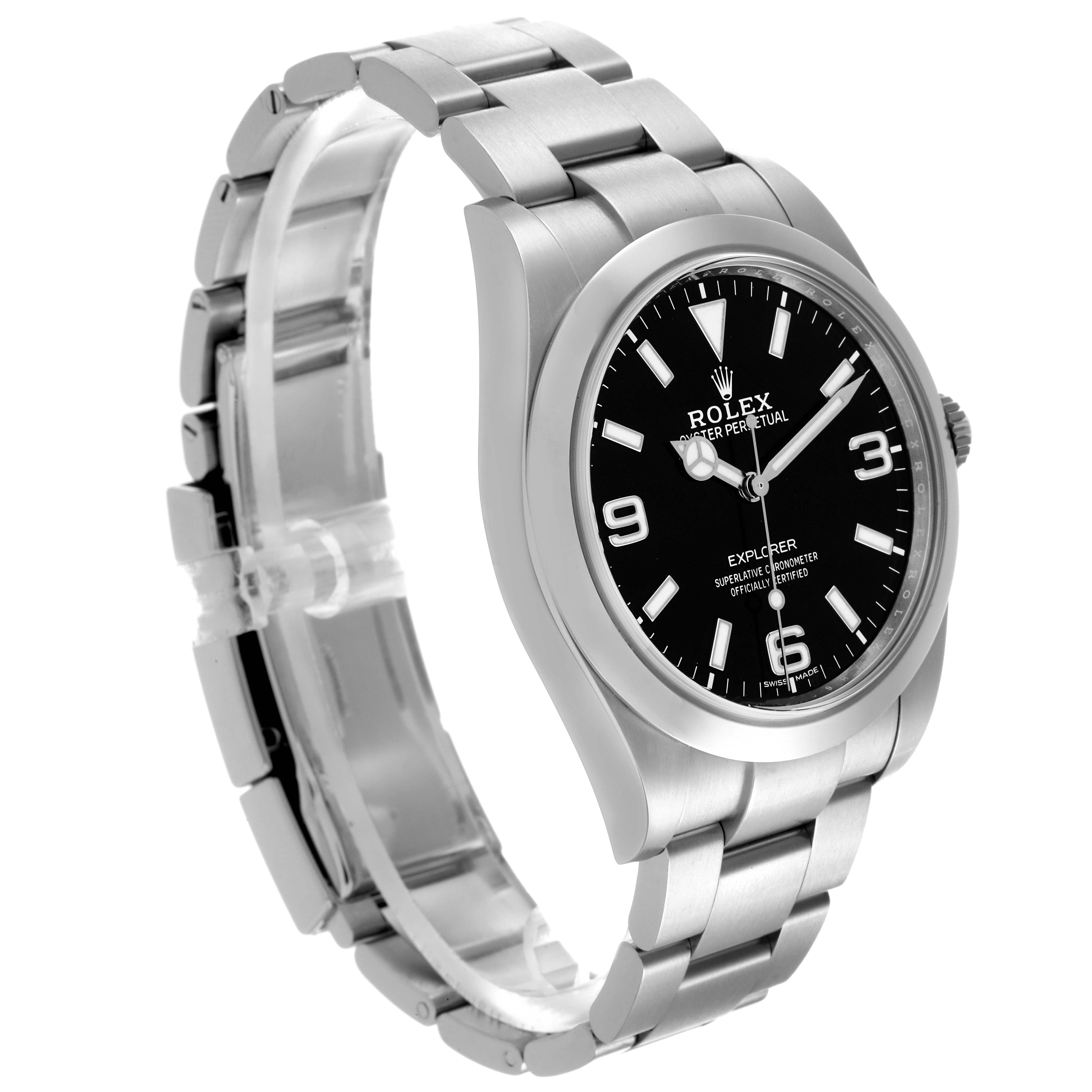 The Rolex Explorer 214270 Men
s Stainless Steel Black Dial 214270 Men
s Stainless Steel Black Dial watch is shown at a three-quarter angle, highlighting the dial, bezel, and bracelet.