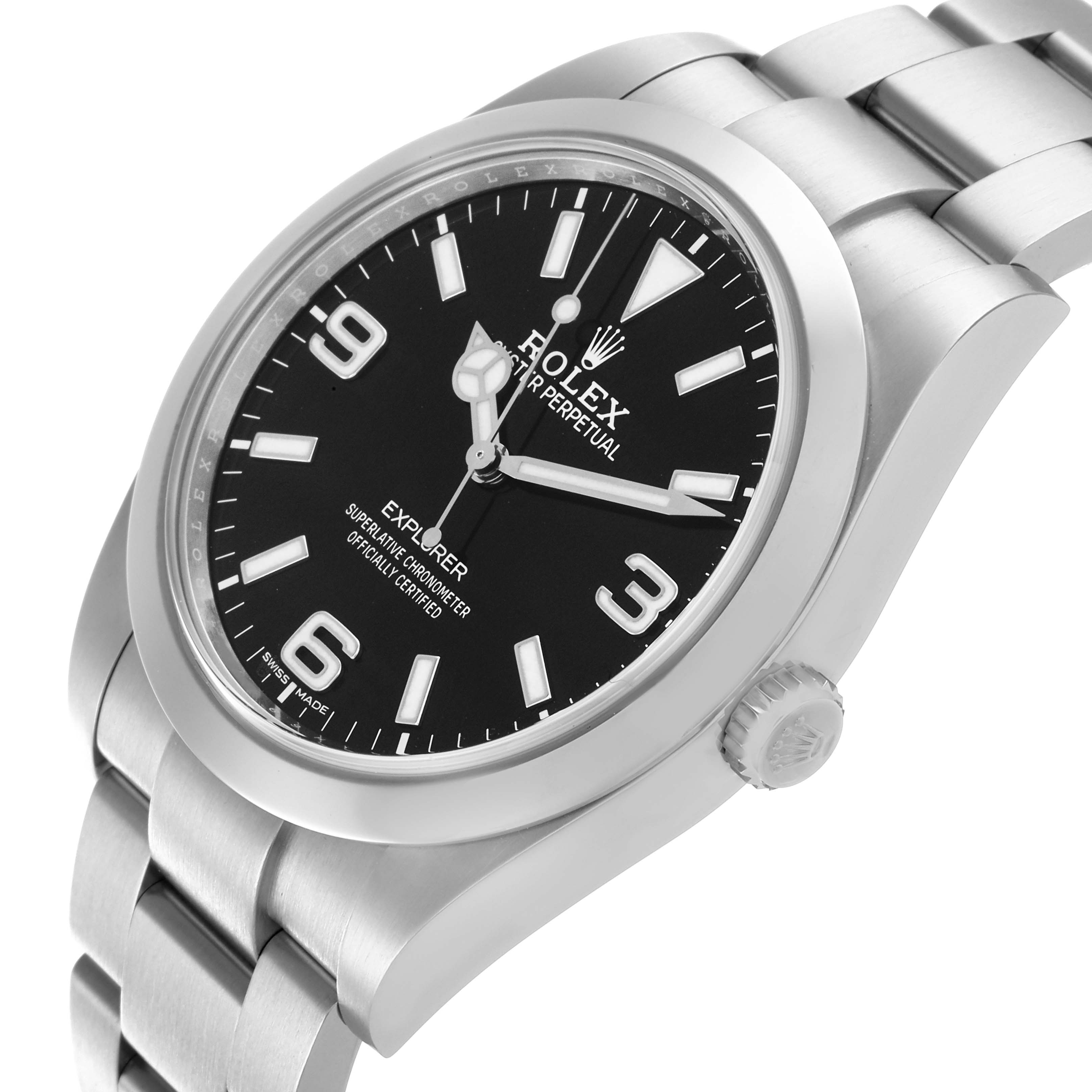 The Rolex Explorer 214270 Men
s Stainless Steel Black Dial 214270 Men
s Stainless Steel Black Dial watch is shown at a three-quarter angle highlighting the dial, crown, and part of the bracelet.