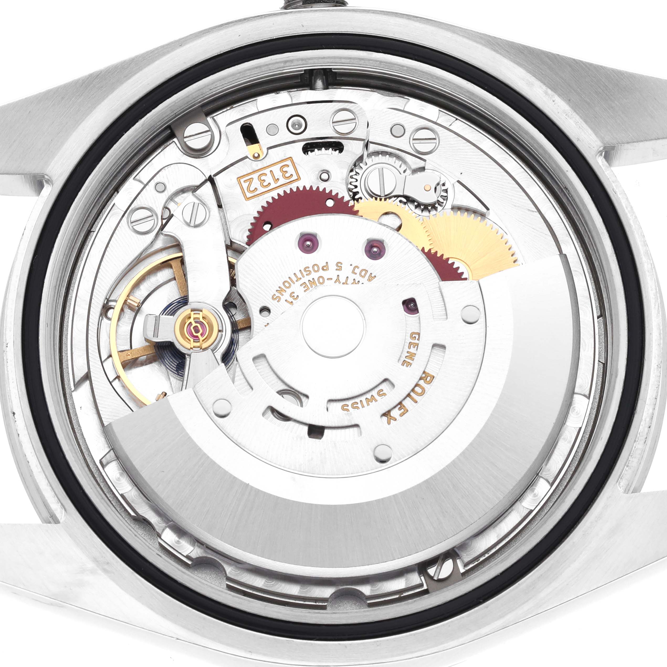 The image shows the back view of the Rolex Explorer 214270 Men
s Stainless Steel Black Dial 214270 Men
s Stainless Steel Black Dial watch, highlighting its internal movement components.