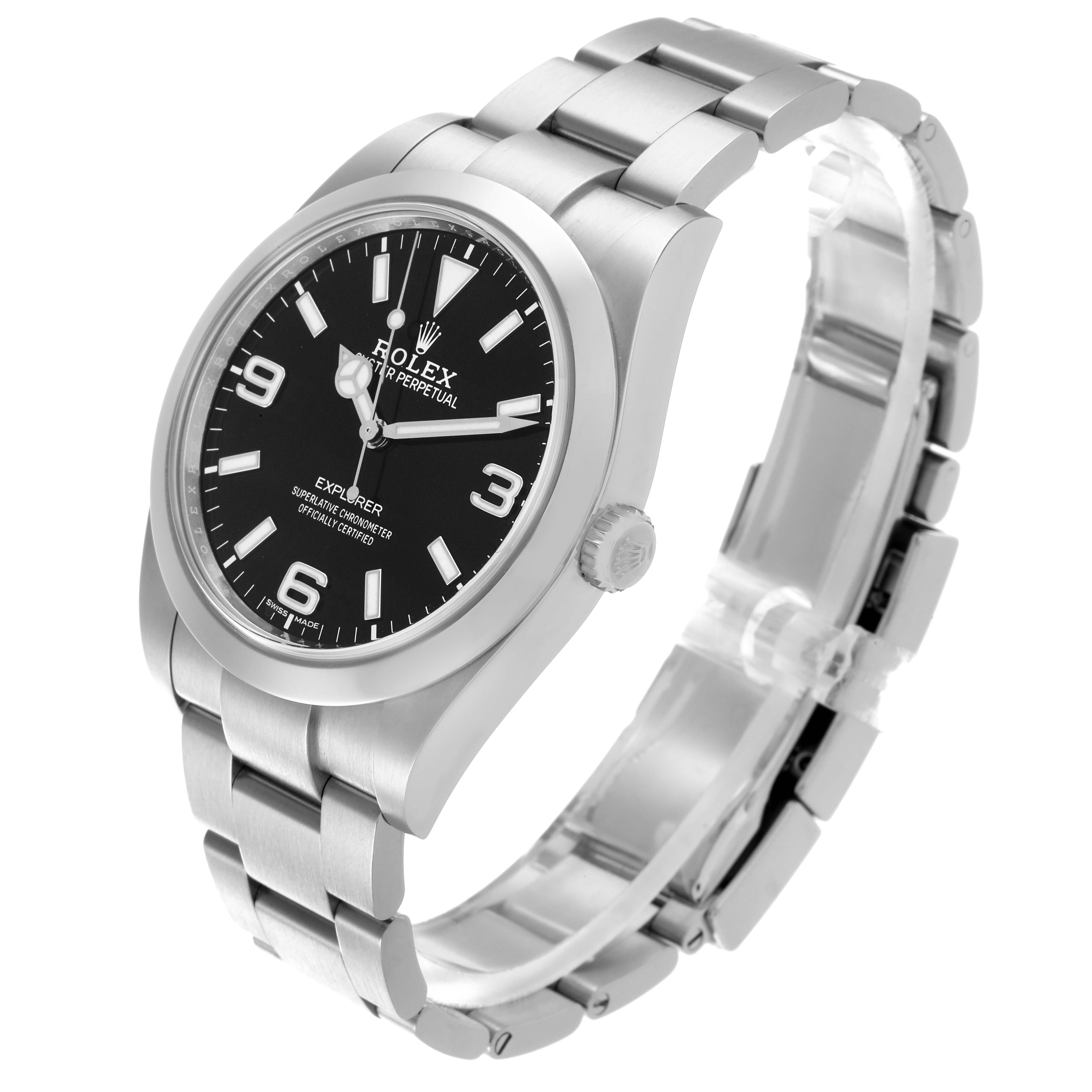 The image shows a Rolex Explorer 214270 Men
s Stainless Steel Black Dial 214270 Men
s Stainless Steel Black Dial watch at a slight side angle, highlighting the face, bezel, crown, and bracelet.