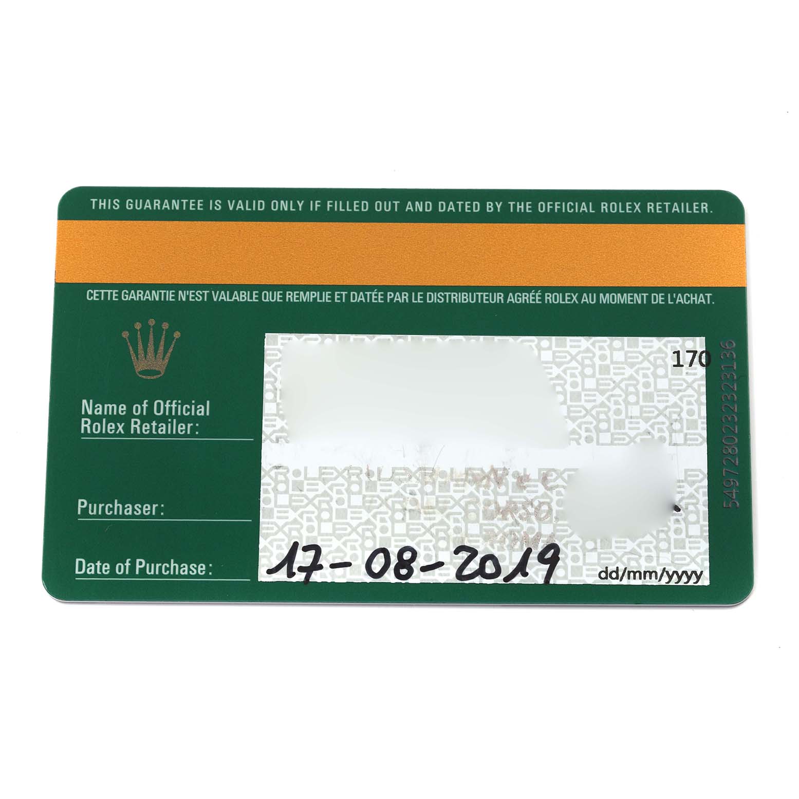 The image shows a guarantee card for the Rolex Explorer 214270 Men
s Stainless Steel Black Dial 214270 Men
s Stainless Steel Black Dial watch, featuring purchase details.