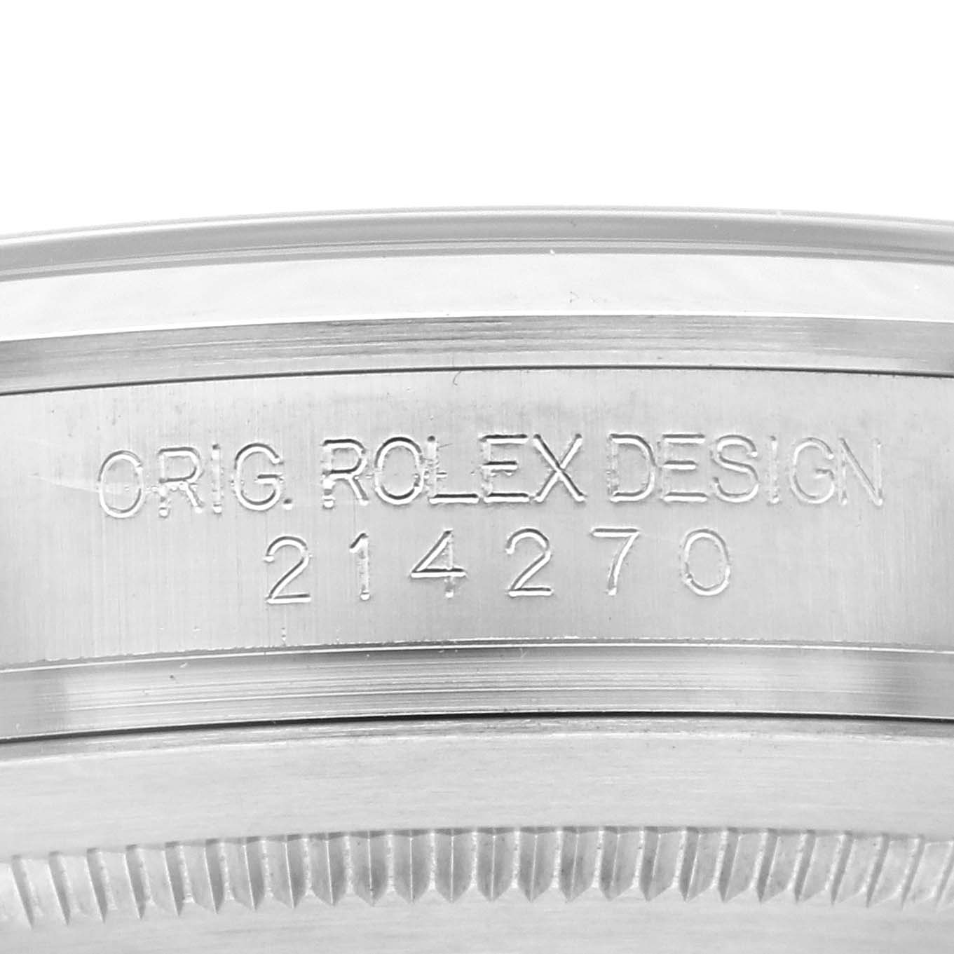 The image shows a close-up of the side of a Rolex Explorer 214270 Men
s Stainless Steel Black Dial 214270 Men
s Stainless Steel Black Dial watch, displaying the model number and "Orig. Rolex Design."