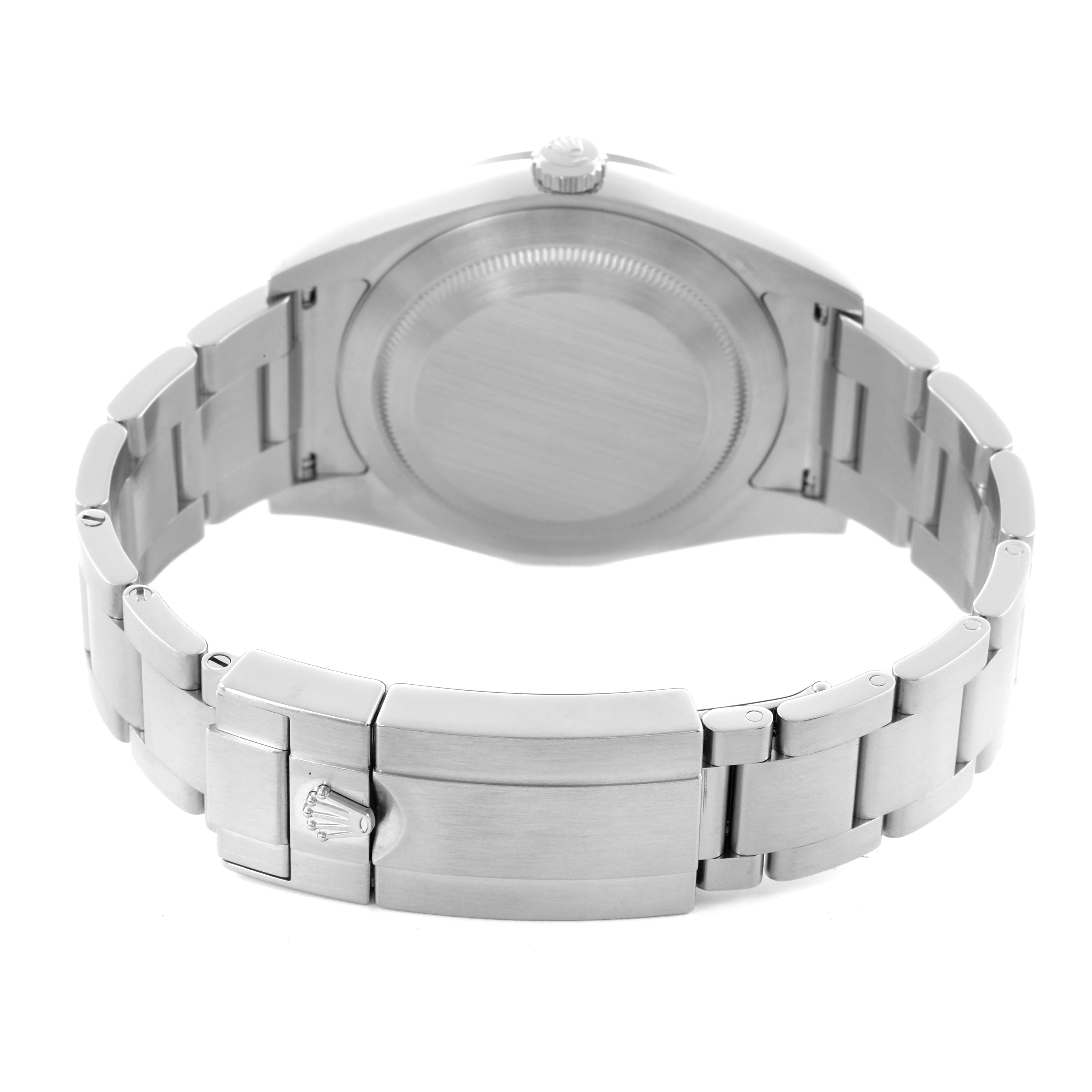 The image shows the back and clasp of a Rolex Explorer 214270 Men
s Stainless Steel Black Dial 214270 Men
s Stainless Steel Black Dial watch, highlighting the bracelet and caseback.