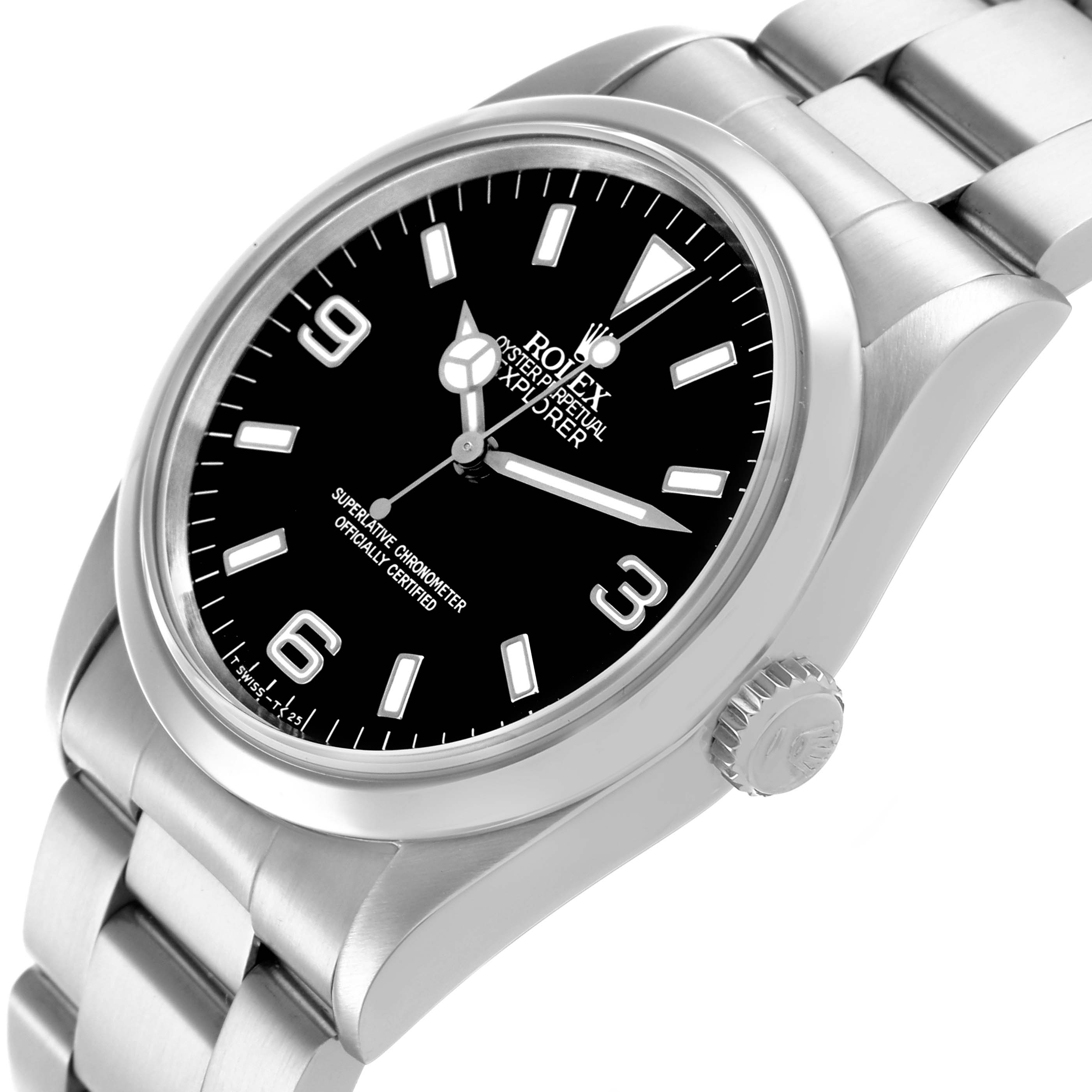 The Rolex Explorer 14270 Men
s Stainless Steel Black Dial 14270 Men
s Stainless Steel Black Dial is shown at a slight angle, highlighting the face, crown, and part of the bracelet.
