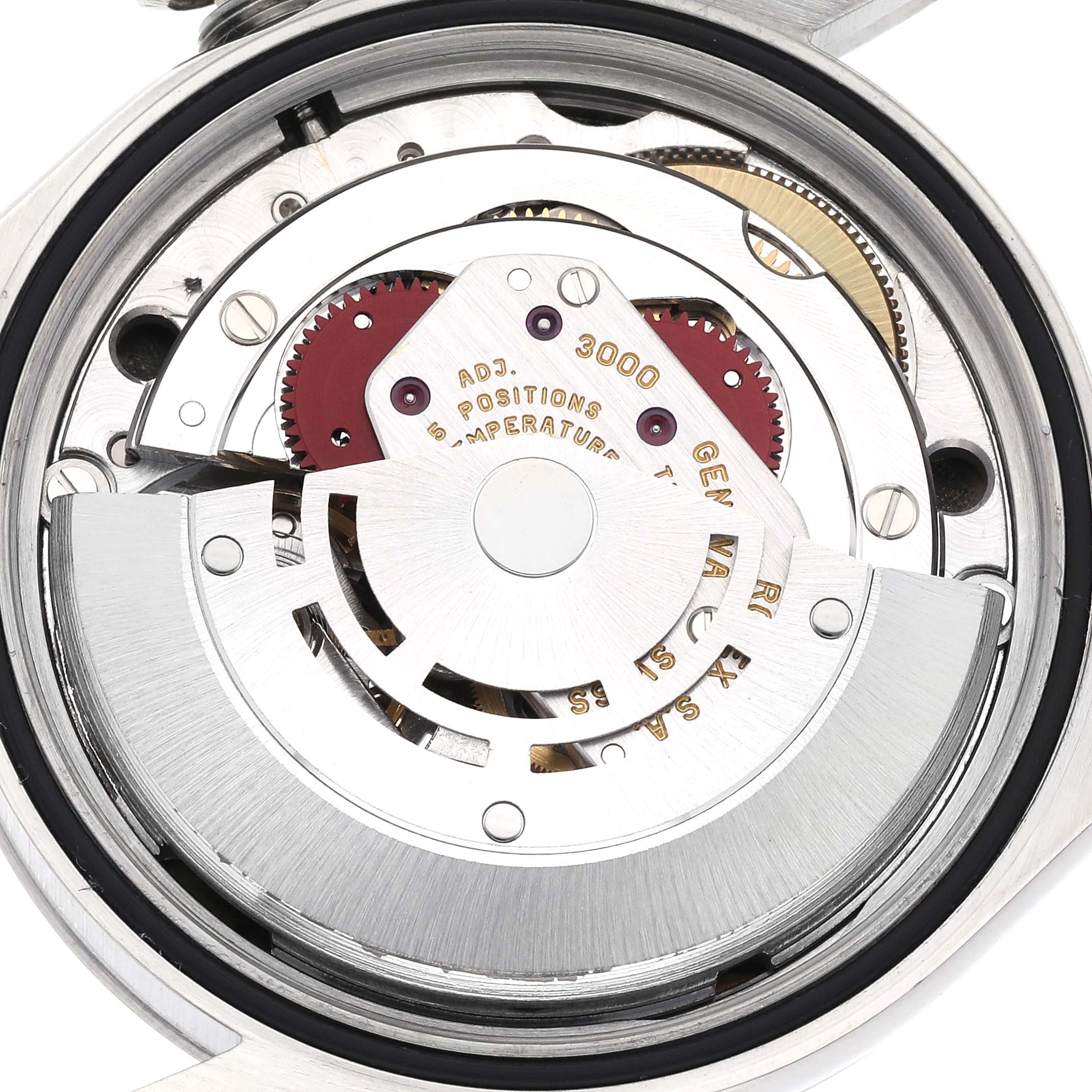 The image shows a close-up of the movement inside a Rolex Explorer 14270 Men
s Stainless Steel Black Dial 14270 Men
s Stainless Steel Black Dial watch, featuring the rotor and gear components.