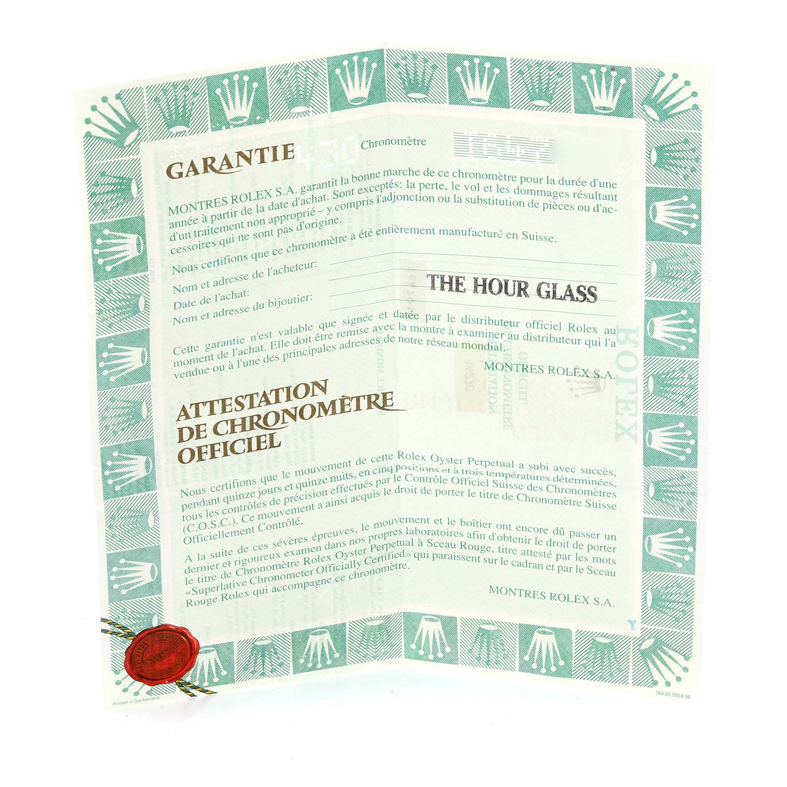 The image shows the warranty and chronometer certificate for the Rolex Explorer 14270 Men
s Stainless Steel Black Dial 14270 Men
s Stainless Steel Black Dial, featuring branding and official text.