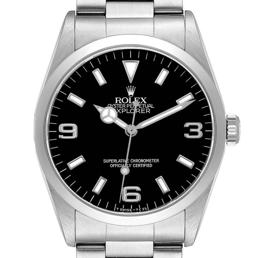 The Rolex Explorer watch is shown from the front, displaying the dial, hands, crown, and part of the bracelet.