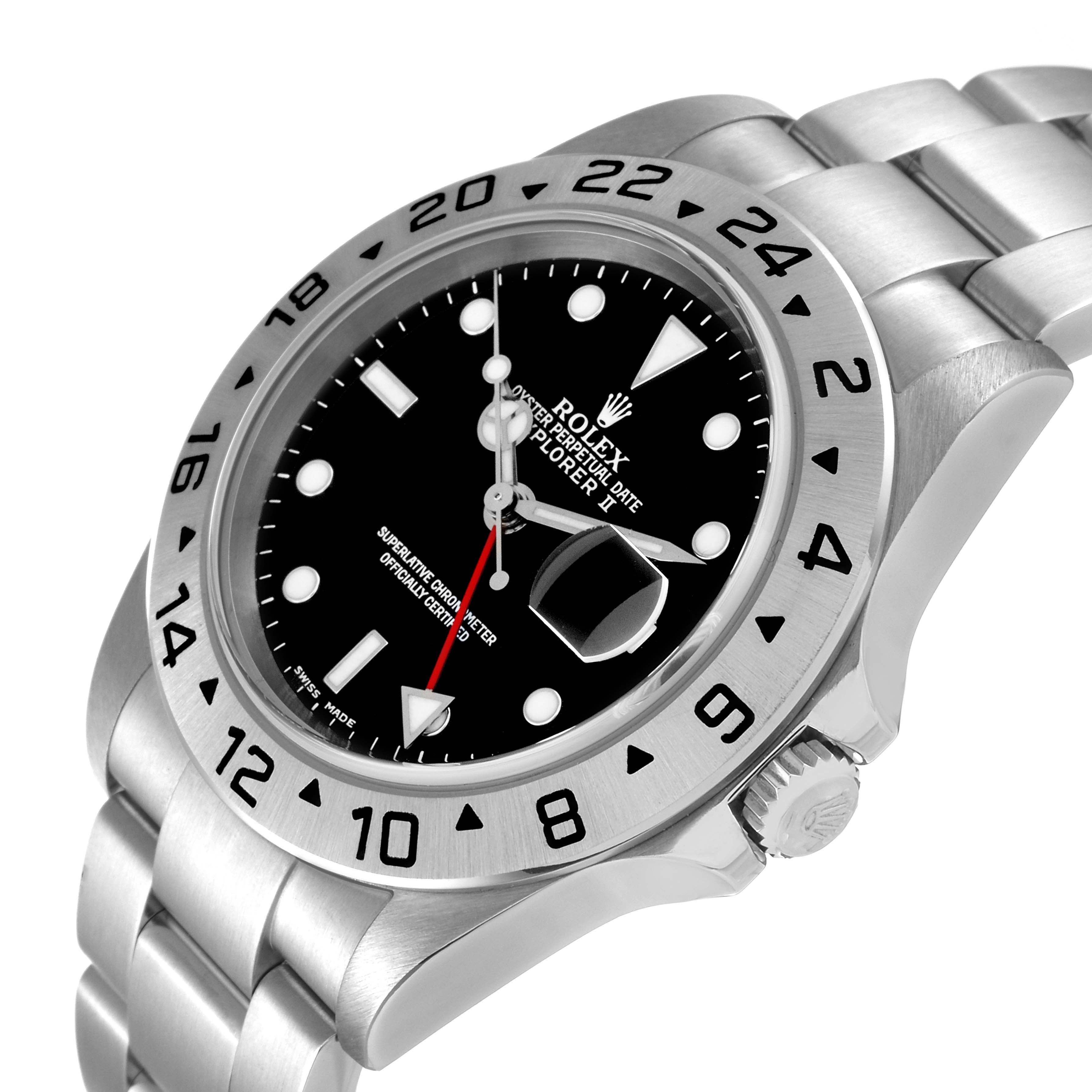 The Rolex Explorer 16570 Men
s Stainless Steel Black Dial 16570 Men
s Stainless Steel Black Dial model watch is shown at an angled close-up, highlighting its bezel, dial, and part of the bracelet.