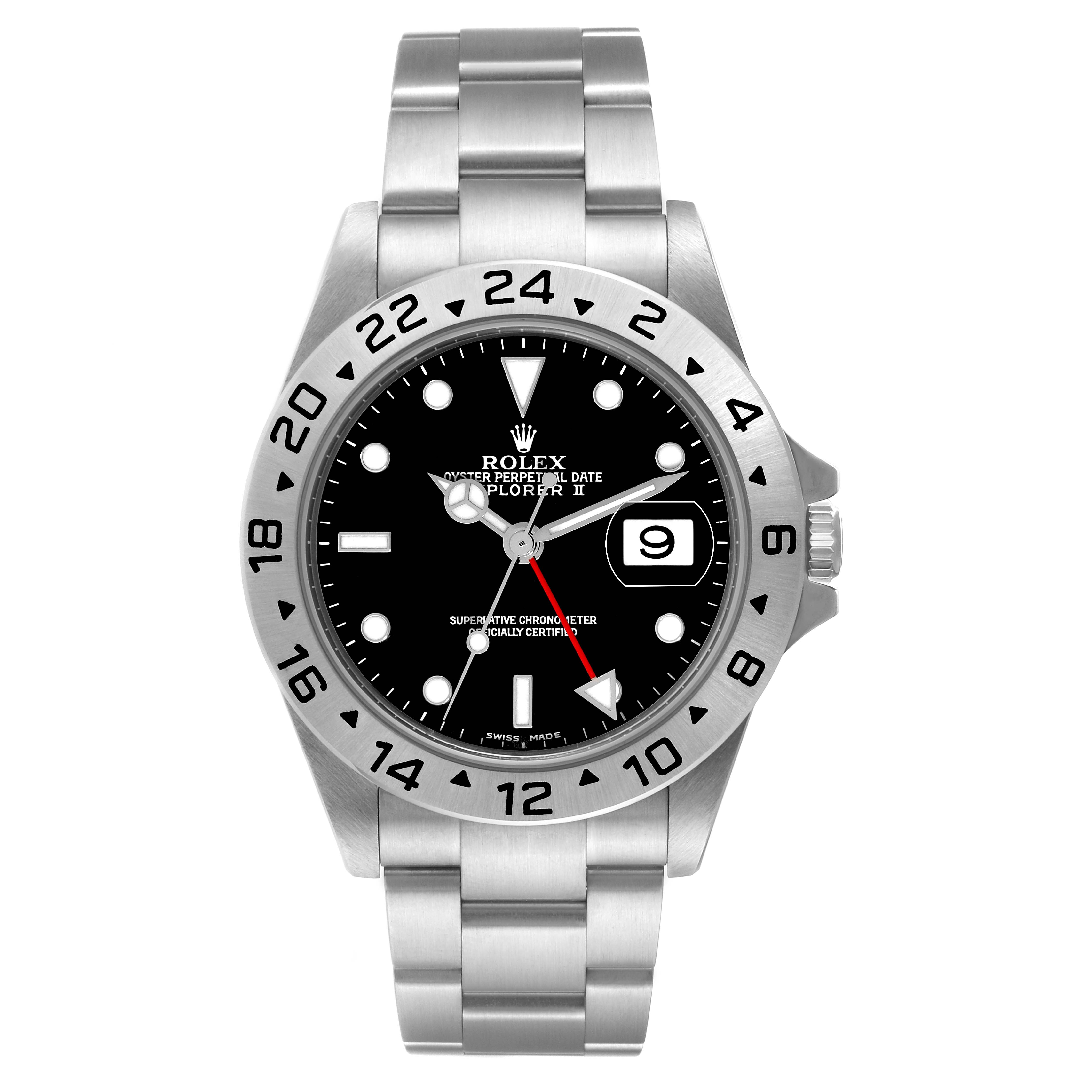 The image shows a frontal view of a Rolex Explorer 16570 Men
s Stainless Steel Black Dial 16570 Men
s Stainless Steel Black Dial watch, displaying its dial, bezel, bracelet, and crown.