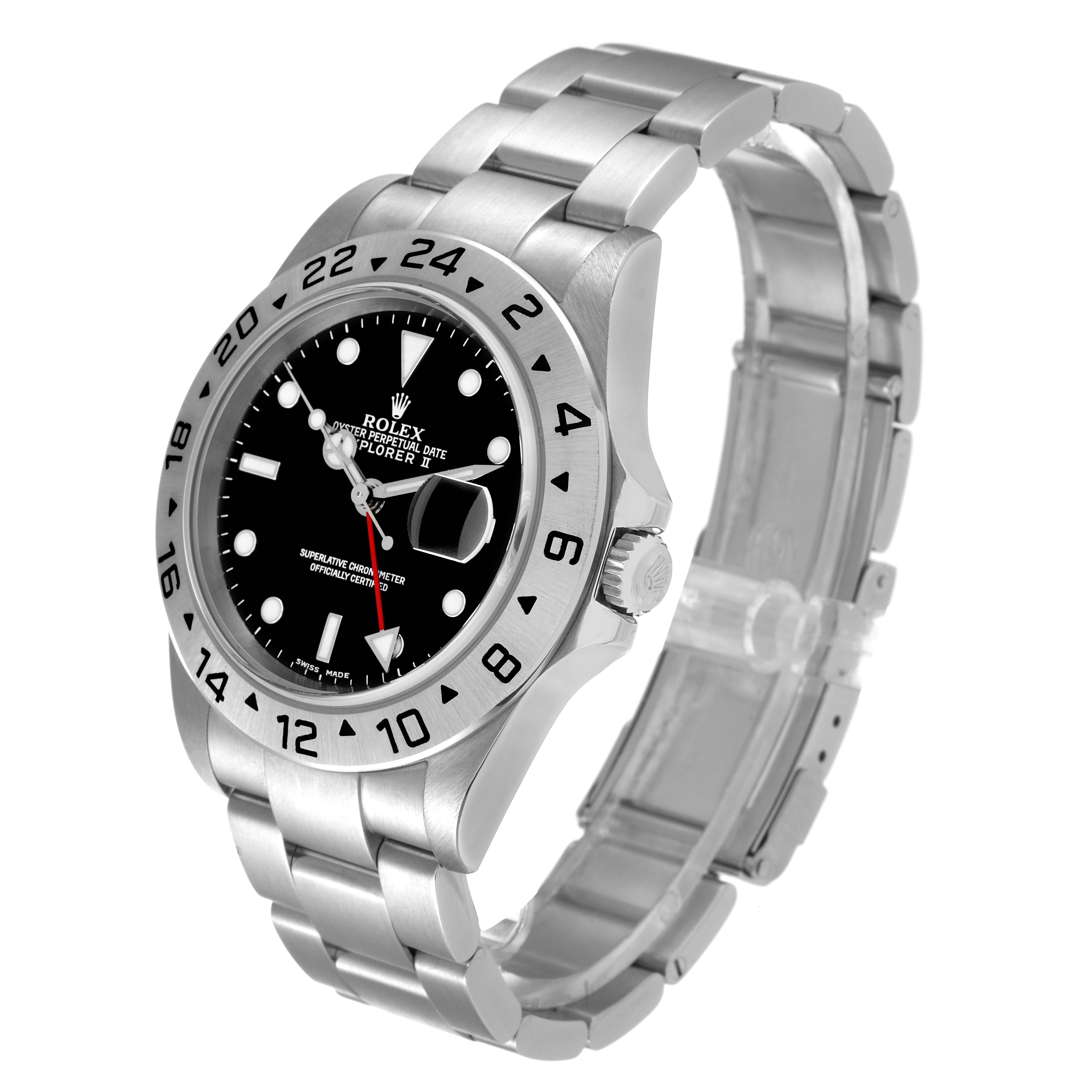 The image shows a Rolex Explorer 16570 Men
s Stainless Steel Black Dial 16570 Men
s Stainless Steel Black Dial watch at an angled view, highlighting the dial, bezel, crown, and stainless steel bracelet.