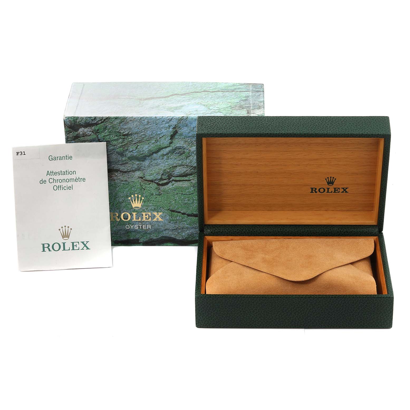 This image shows the Rolex Explorer 16570 Men
s Stainless Steel Black Dial 16570 Men
s Stainless Steel Black Dial watch box, warranty booklet, and an inner suede pouch photographed from the front.