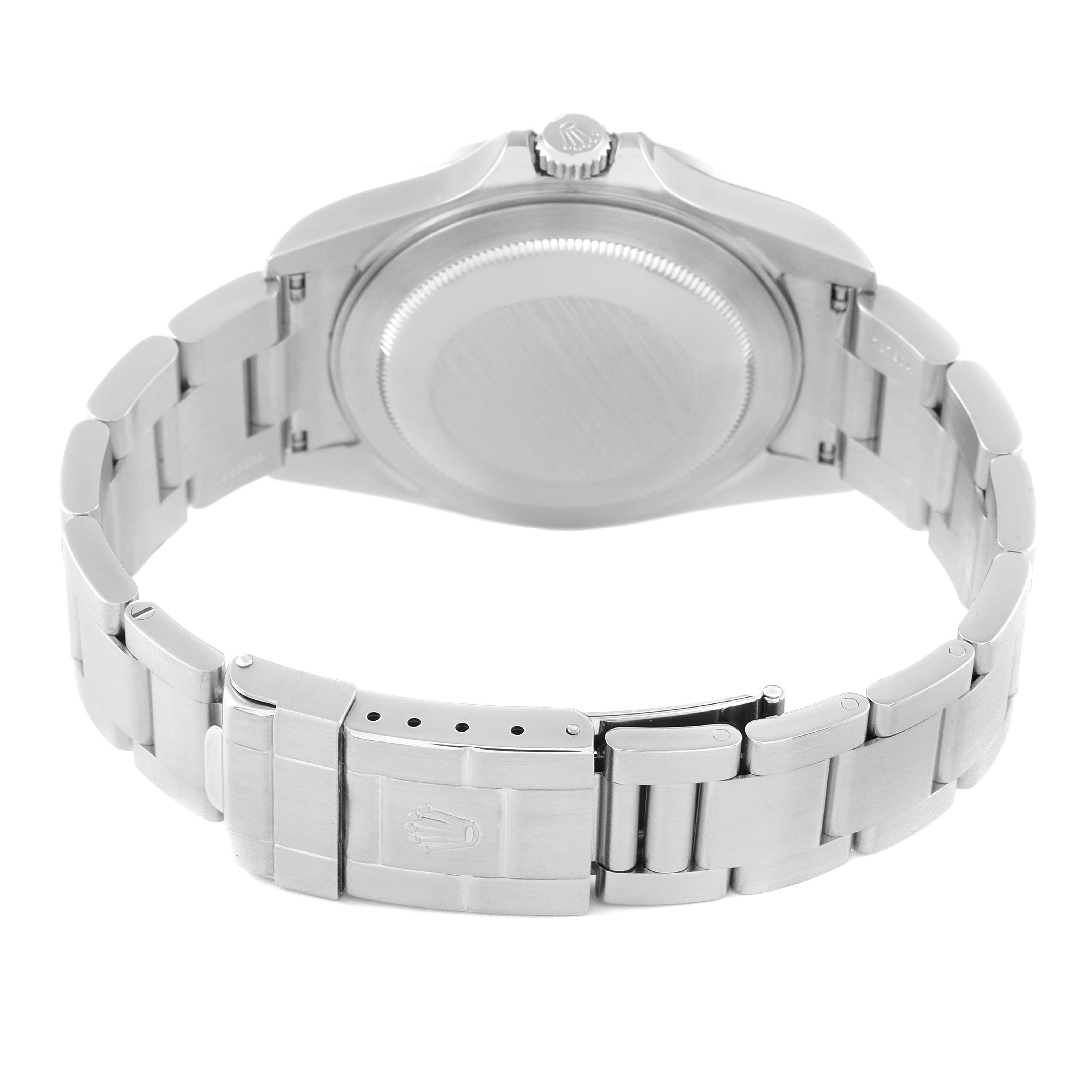 This image shows the back case and bracelet of a Rolex Explorer 16570 Men
s Stainless Steel Black Dial 16570 Men
s Stainless Steel Black Dial model from a rear angle.