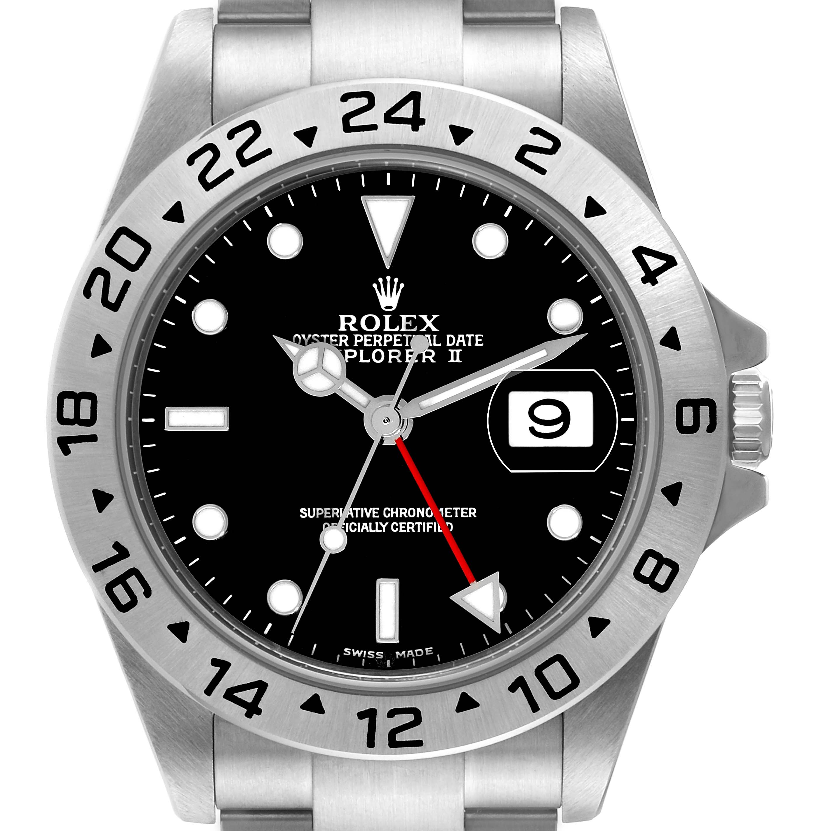 The image shows a front view of the Rolex Explorer 16570 Men
s Stainless Steel Black Dial 16570 Men
s Stainless Steel Black Dial II, detailing the dial, hands, bezel, date window, and part of the bracelet.