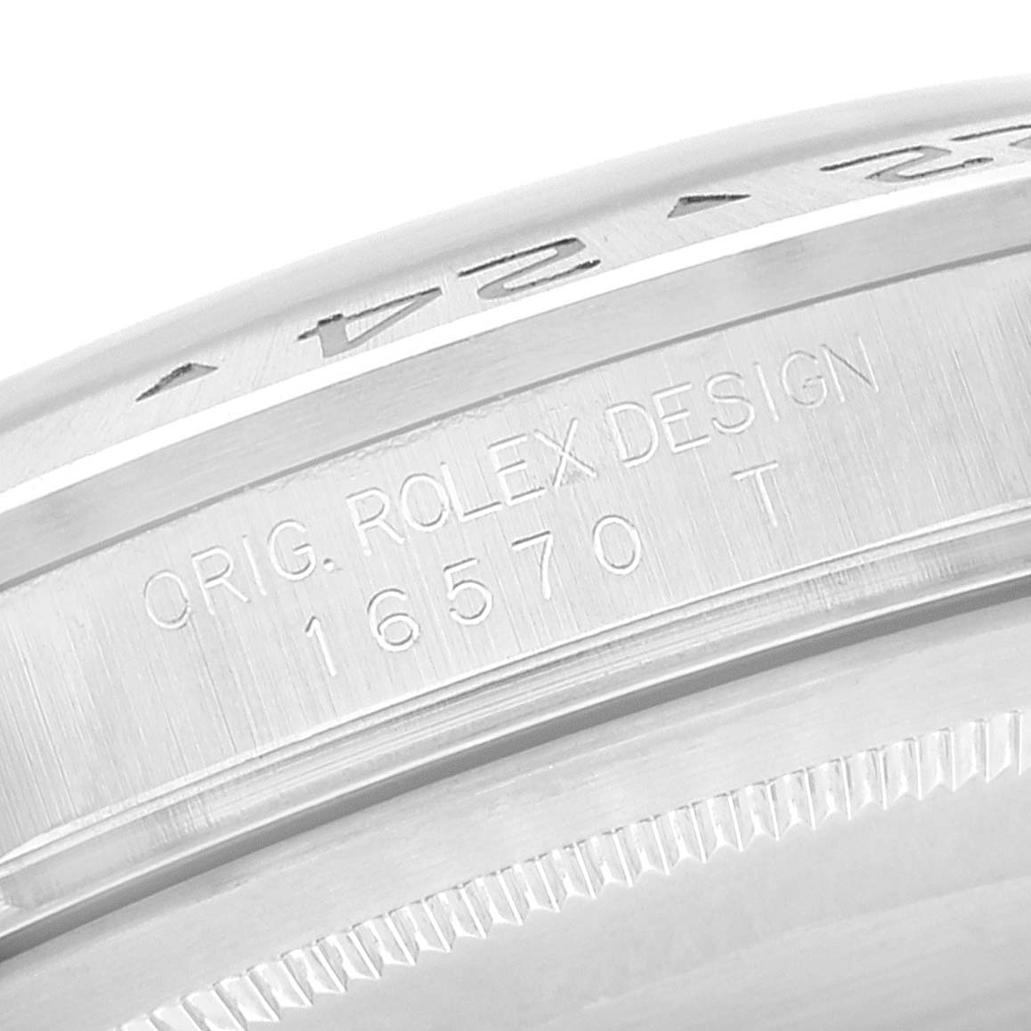 This image shows a close-up of the Rolex Explorer 16570 Men
s Stainless Steel Black Dial 16570 Men
s Stainless Steel Black Dial model, focusing on the bezel and engraved model number "16570."