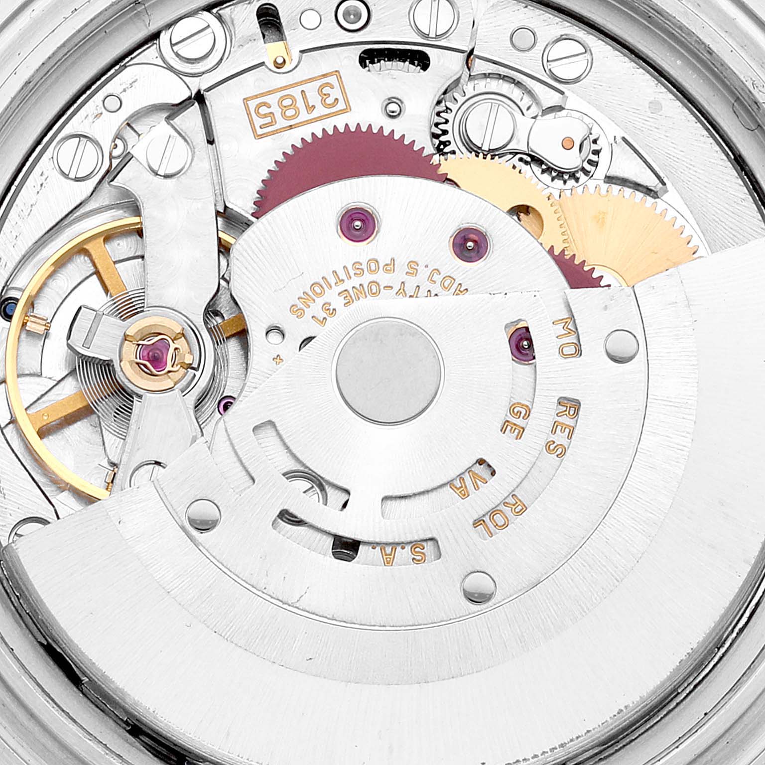 This close-up view shows the internal mechanism of the Rolex Explorer 16570 Men
s Stainless Steel Black Dial 16570 Men
s Stainless Steel Black Dial watch, focusing on gears and the movement assembly.
