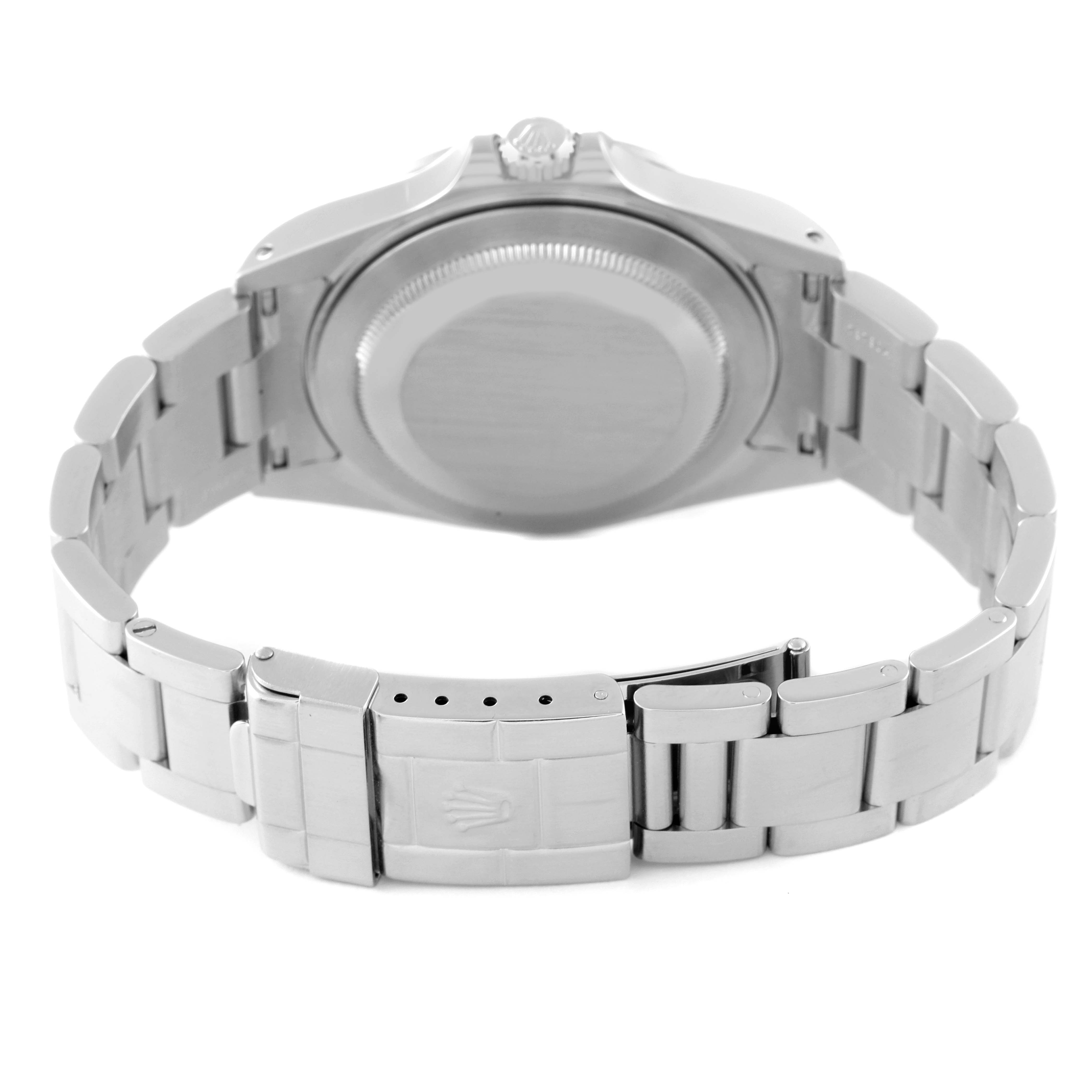 This image shows the Rolex Explorer 16570 Men
s Stainless Steel Black Dial 16570 Men
s Stainless Steel Black Dial watch from the back, displaying its bracelet, clasp, and case back.