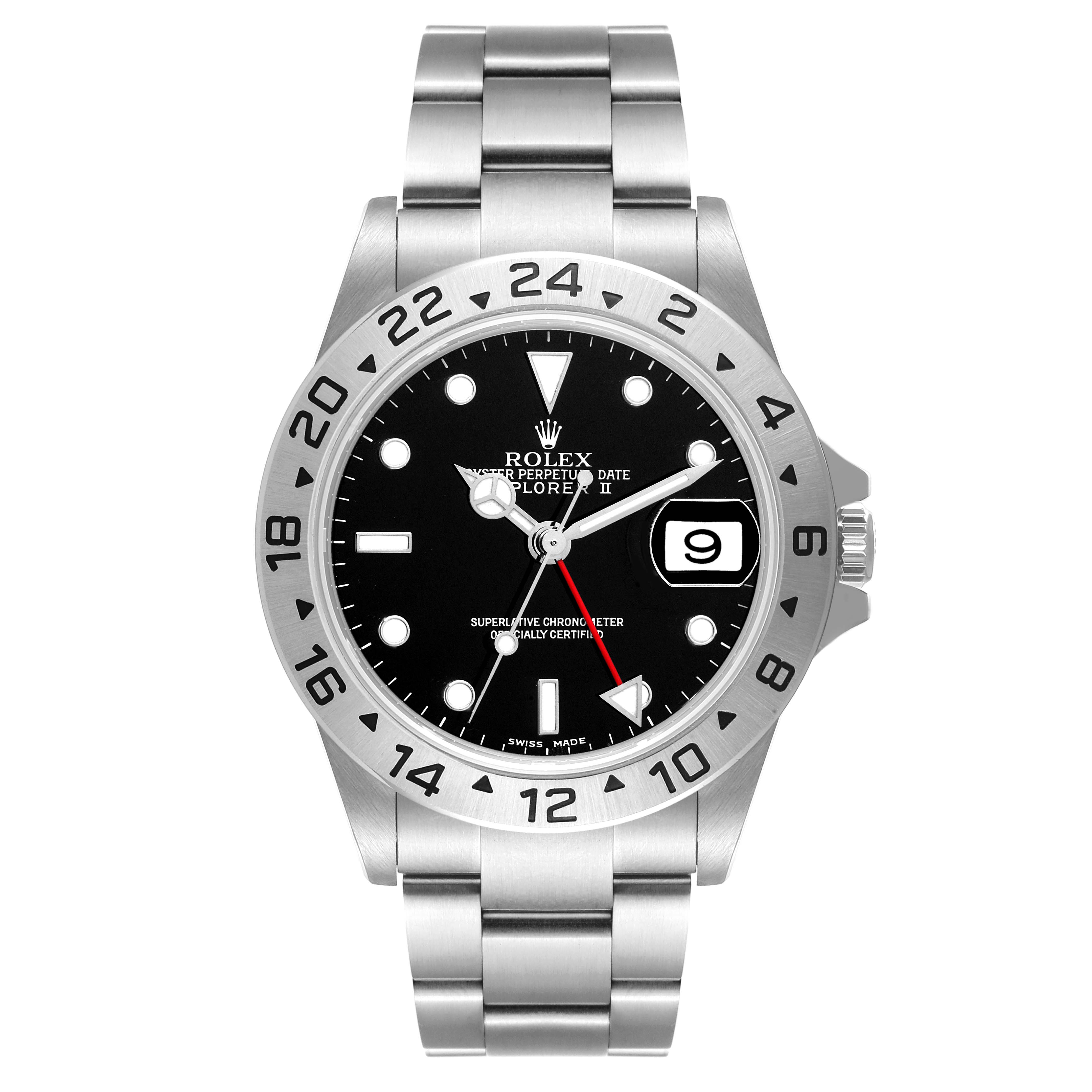 The Rolex Explorer 16570 Men
s Stainless Steel Black Dial 16570 Men
s Stainless Steel Black Dial model watch is shown from a front angle, displaying the face, bezel, bracelet, and date window.