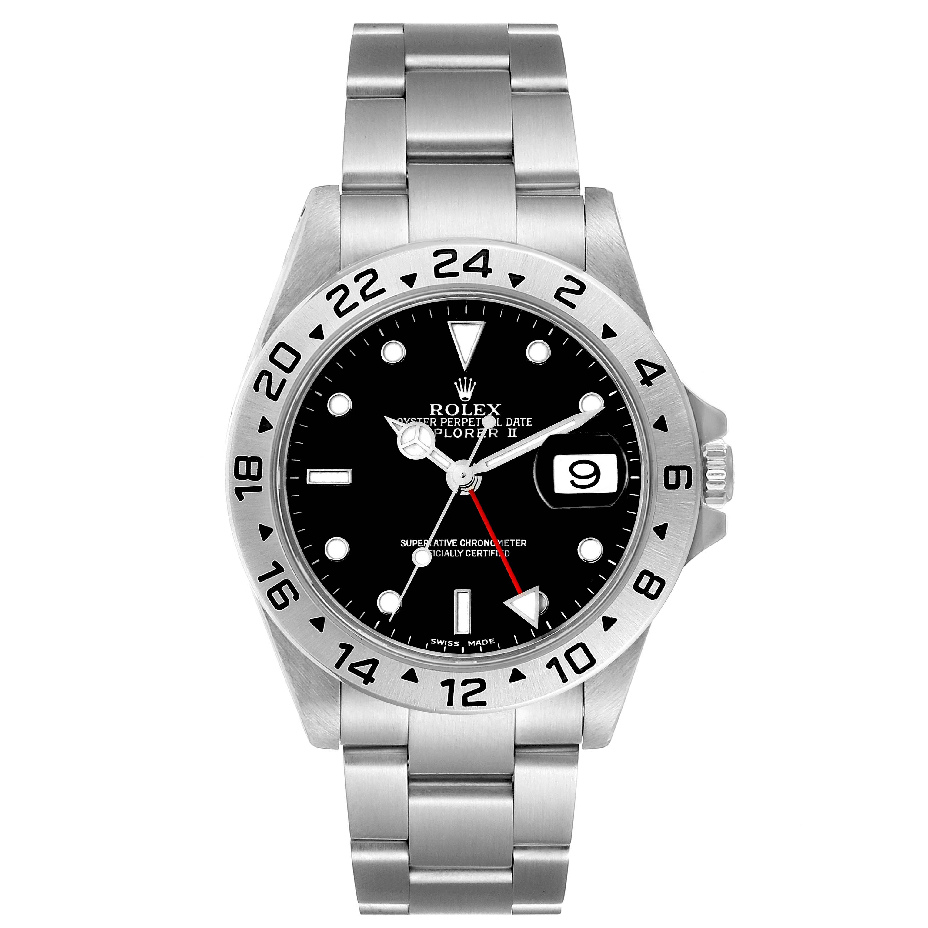 The image shows a Rolex Explorer 16570 Men
s Stainless Steel Black Dial 16570 Men
s Stainless Steel Black Dial watch, frontal view, highlighting the dial, bezel, bracelet, and date window.