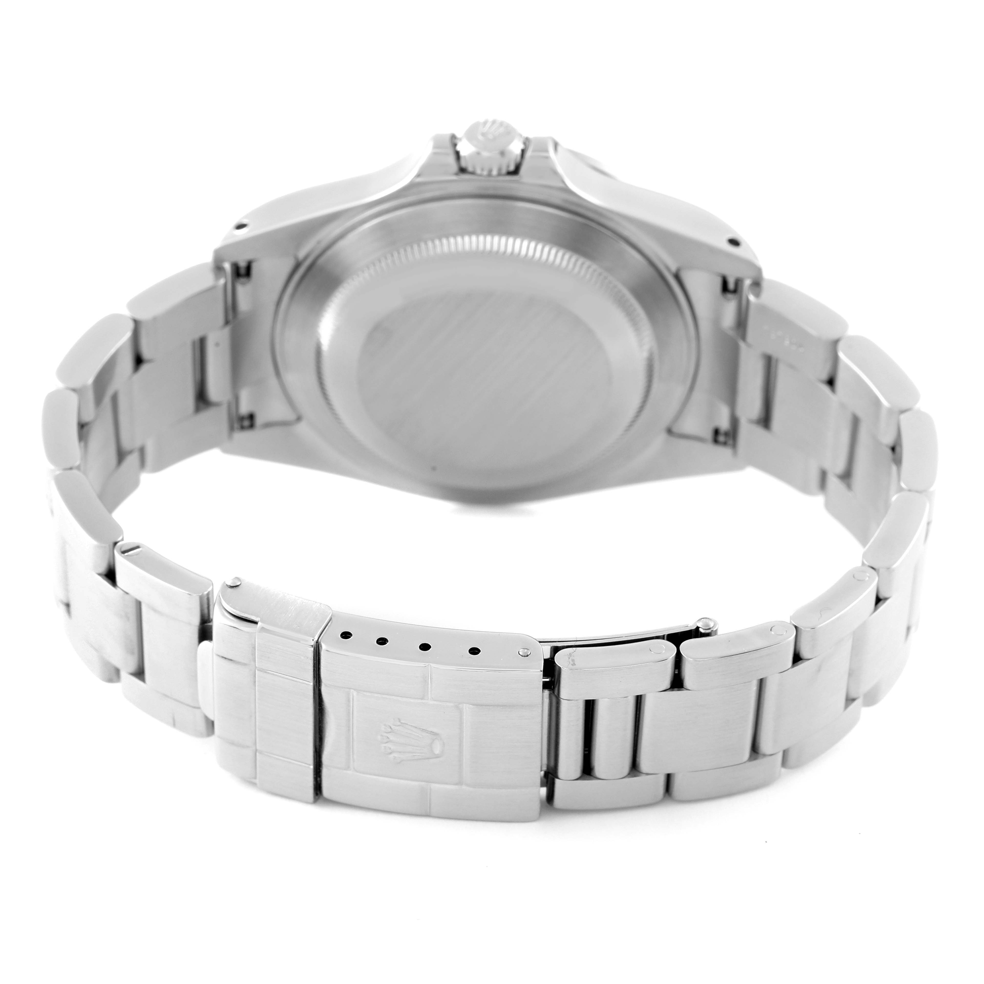 The image shows the backside and clasp of a Rolex Explorer 16570 Men
s Stainless Steel Black Dial 16570 Men
s Stainless Steel Black Dial watch.