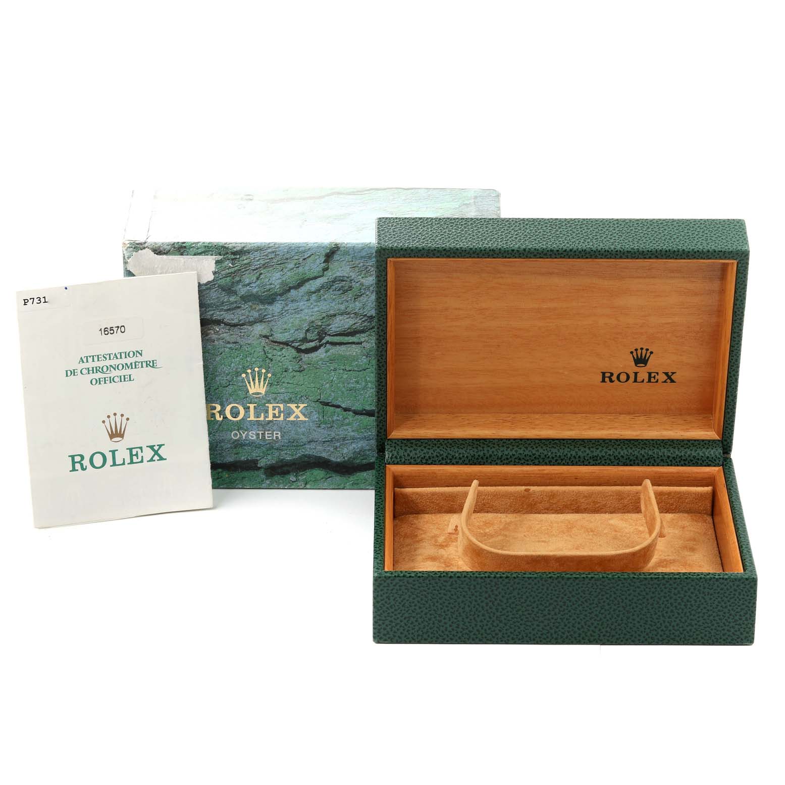 The image displays the packaging, warranty booklet, and an open box for the Rolex Explorer 16570 Men
s Stainless Steel Black Dial 16570 Men
s Stainless Steel Black Dial watch model.