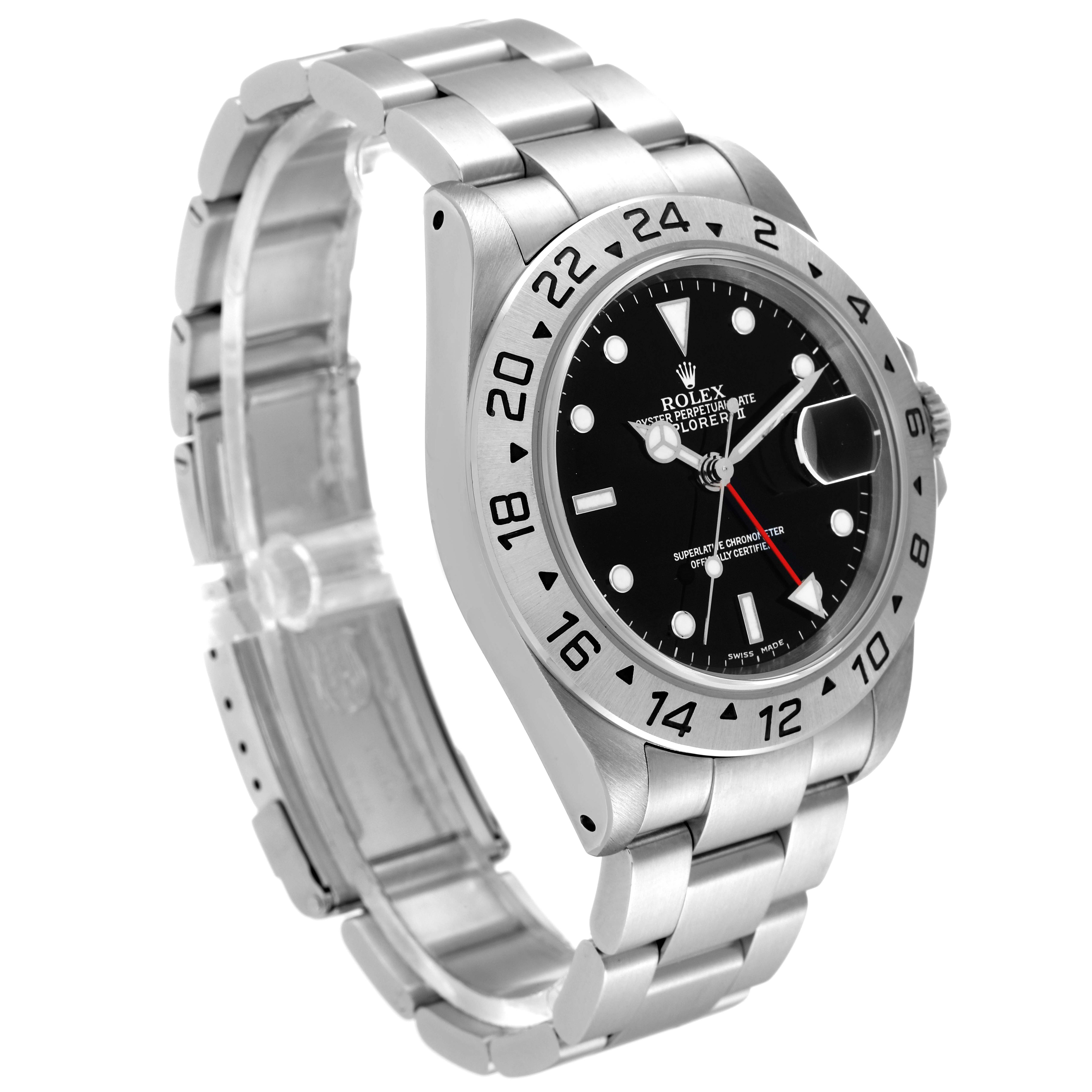 The image shows a Rolex Explorer 16570 Men
s Stainless Steel Black Dial 16570 Men
s Stainless Steel Black Dial model watch at an angled view, focusing on the dial, bezel, and bracelet.