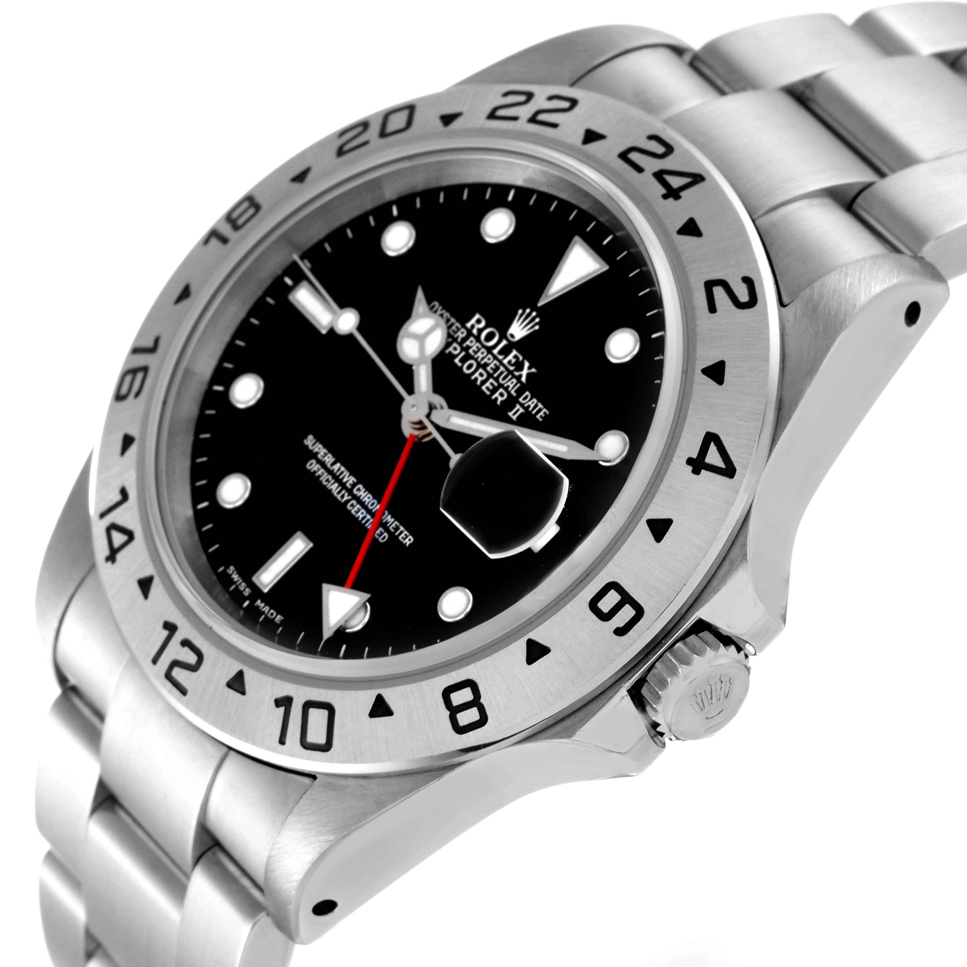 This image shows the Rolex Explorer 16570 Men
s Stainless Steel Black Dial 16570 Men
s Stainless Steel Black Dial watch at an oblique angle, highlighting the bezel, crown, and part of the bracelet.