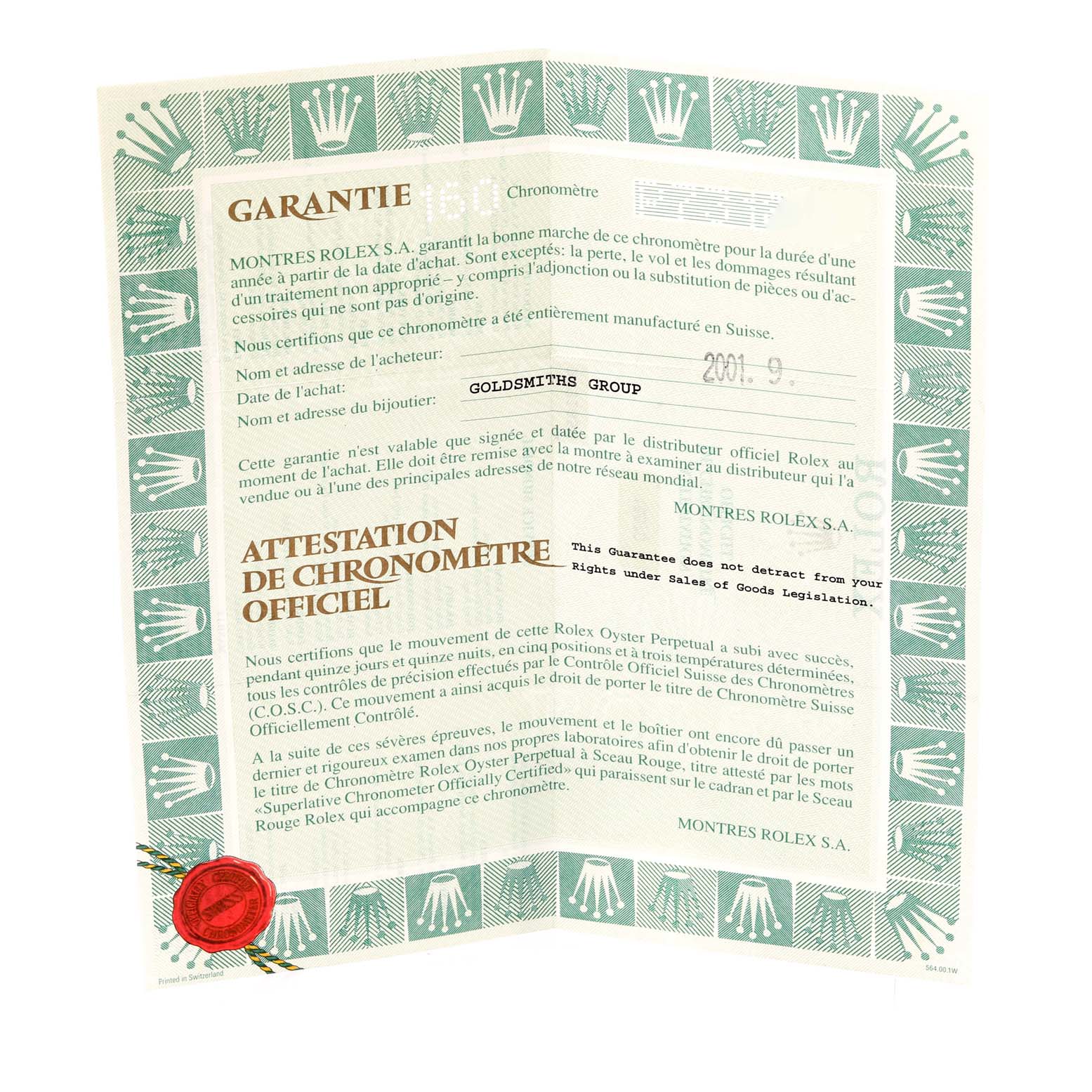 This image shows a guarantee and certification document for a Rolex Explorer 16570 Men
s Stainless Steel Black Dial 16570 Men
s Stainless Steel Black Dial model, featuring green accents and a red seal.