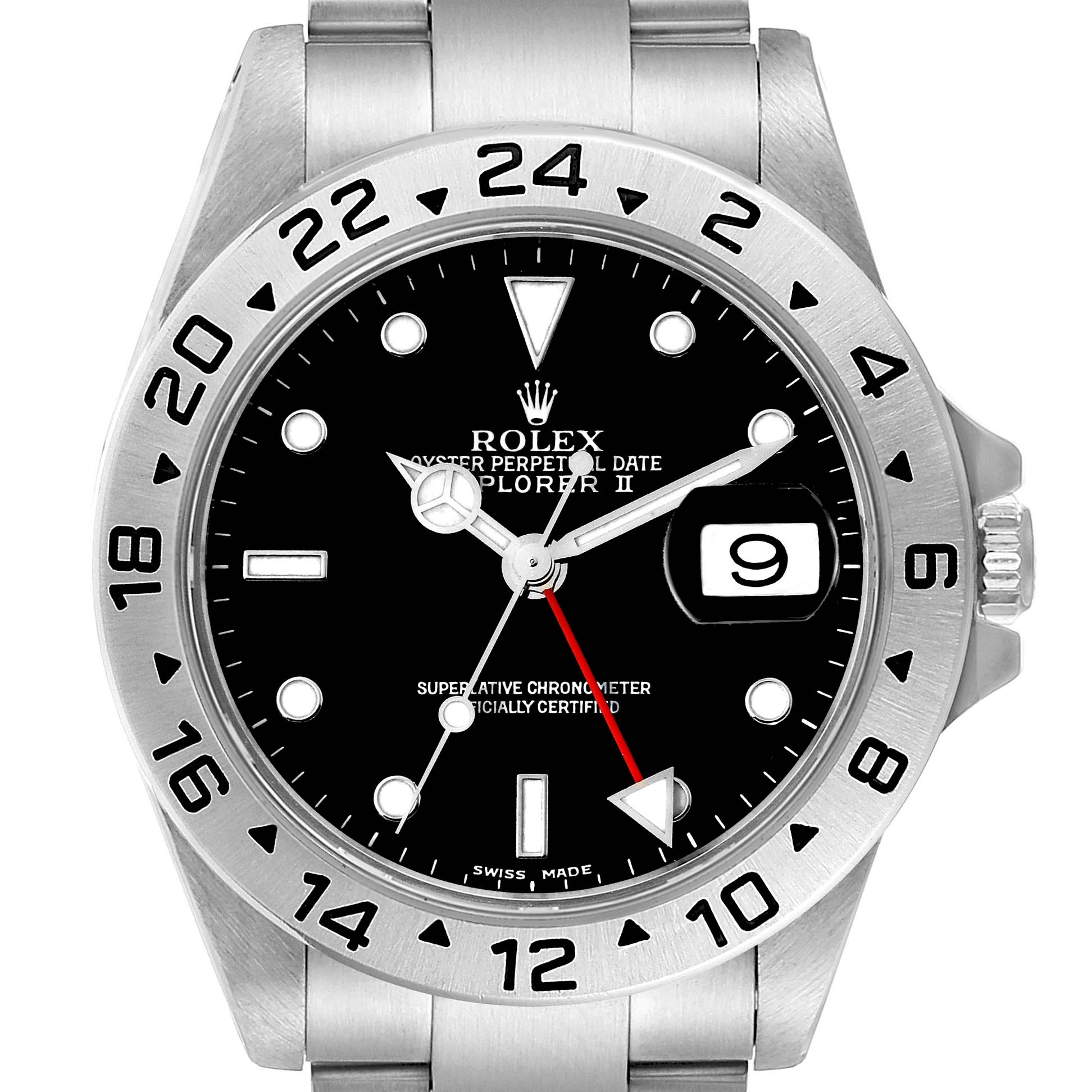The Rolex Explorer 16570 Men
s Stainless Steel Black Dial 16570 Men
s Stainless Steel Black Dial watch is shown from a front angle, highlighting the dial, hands, date window, and bezel.