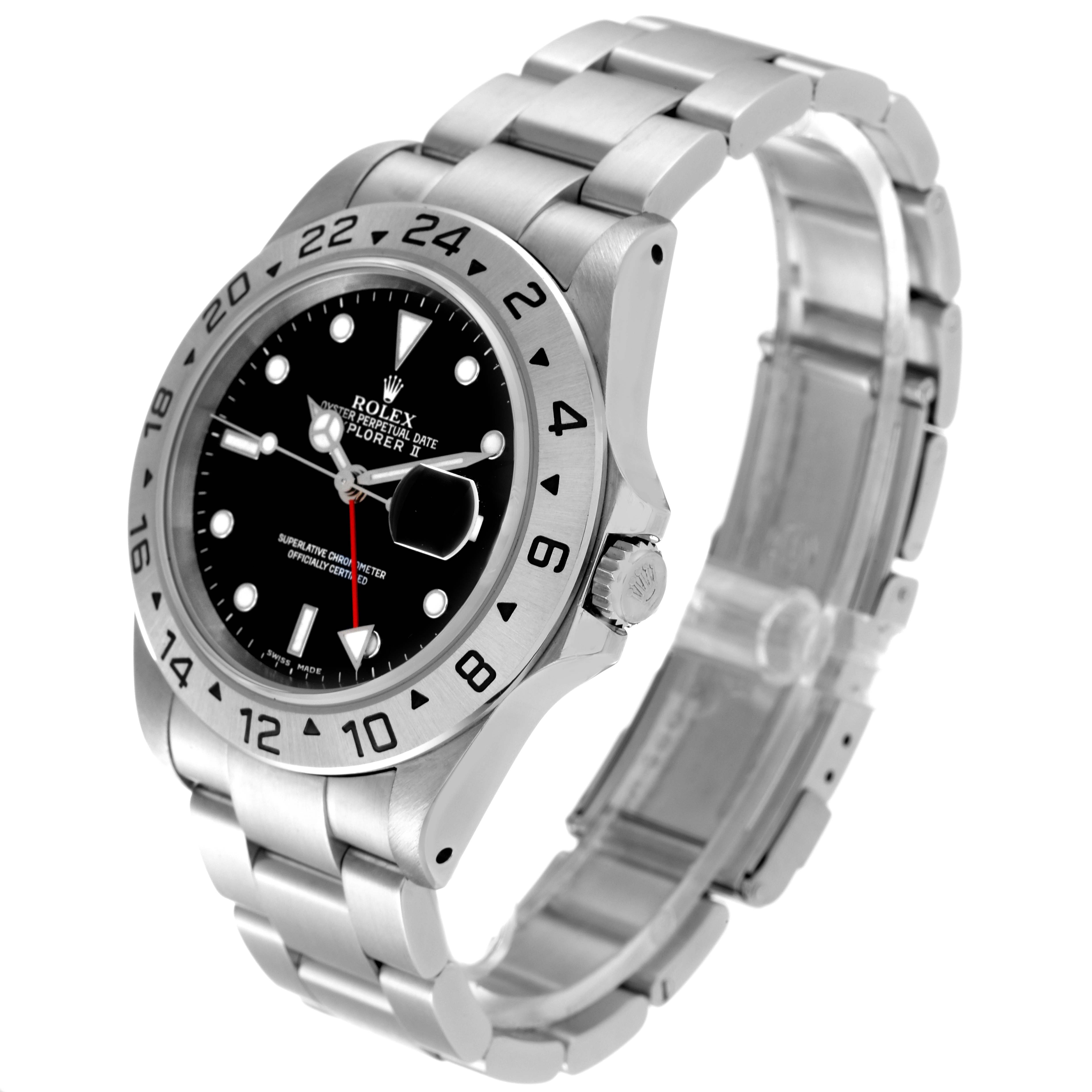 The Rolex Explorer 16570 Men
s Stainless Steel Black Dial 16570 Men
s Stainless Steel Black Dial watch is shown at a three-quarter angle, displaying its face, bezel, crown, and bracelet.