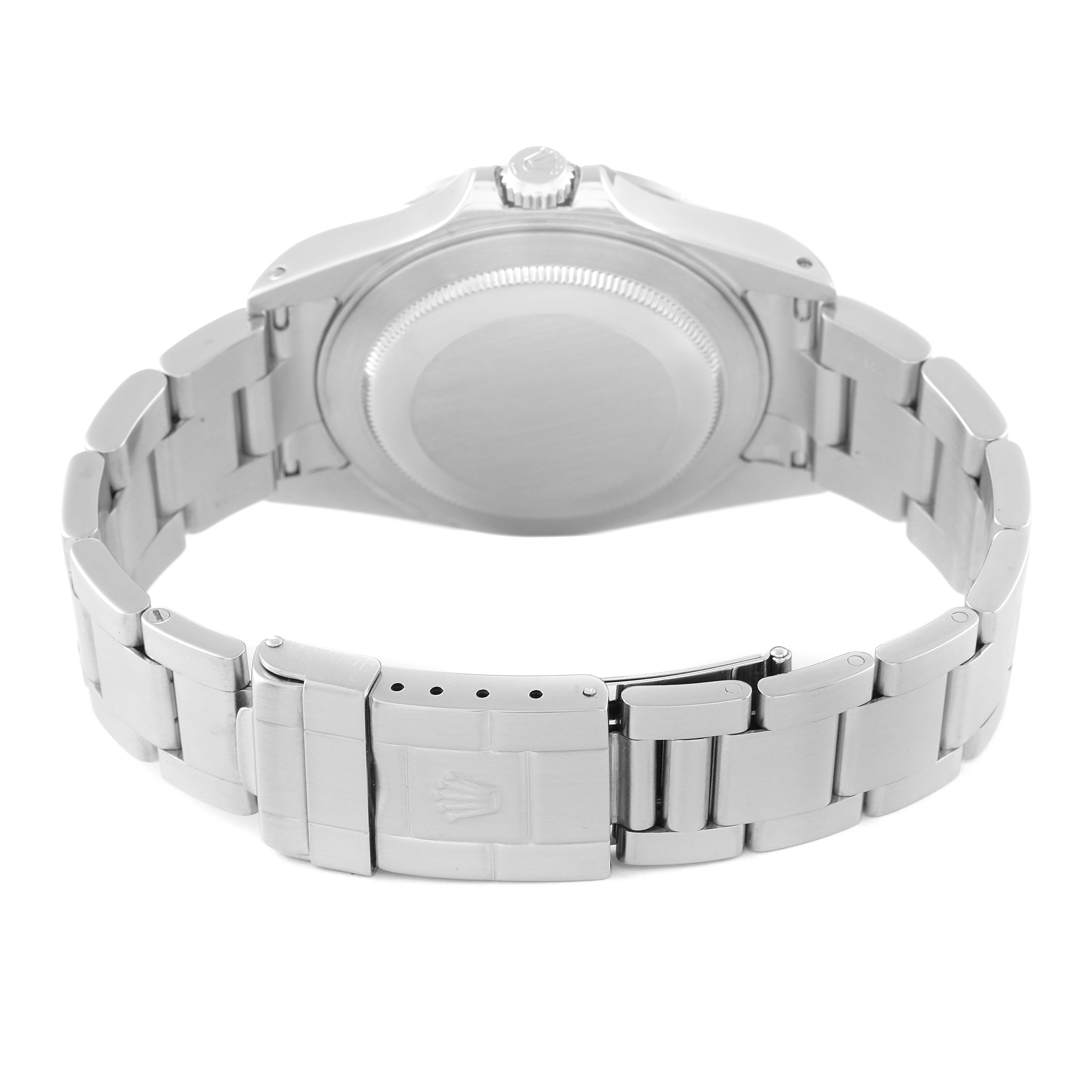 The image shows the back view of a Rolex Explorer 16570 Men
s Stainless Steel Black Dial 16570 Men
s Stainless Steel Black Dial model watch, including its case back, crown, and bracelet.