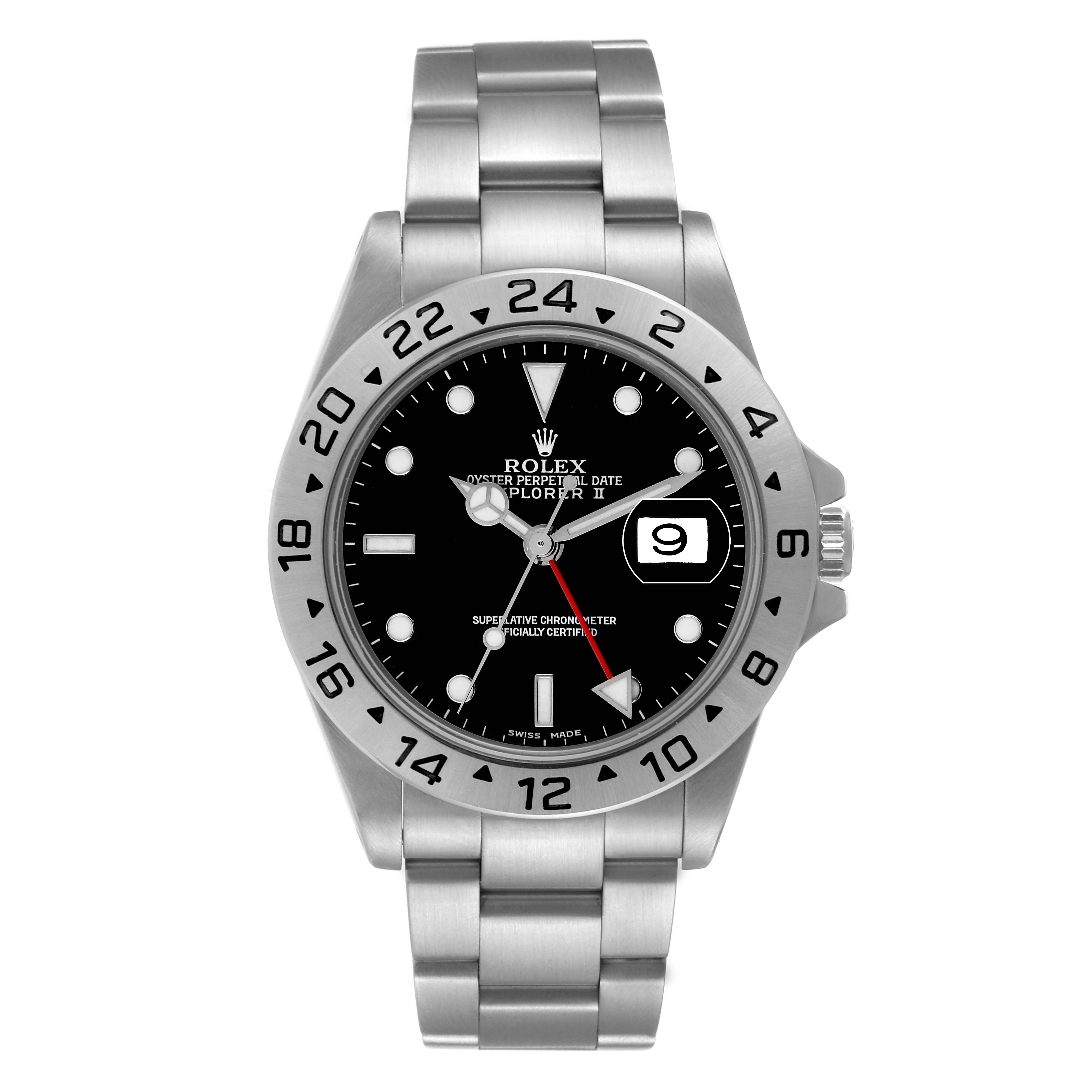 The Rolex Explorer 16570 Men
s Stainless Steel Black Dial 16570 Men
s Stainless Steel Black Dial watch is shown from the front, displaying its black dial, bezel, and stainless steel bracelet.