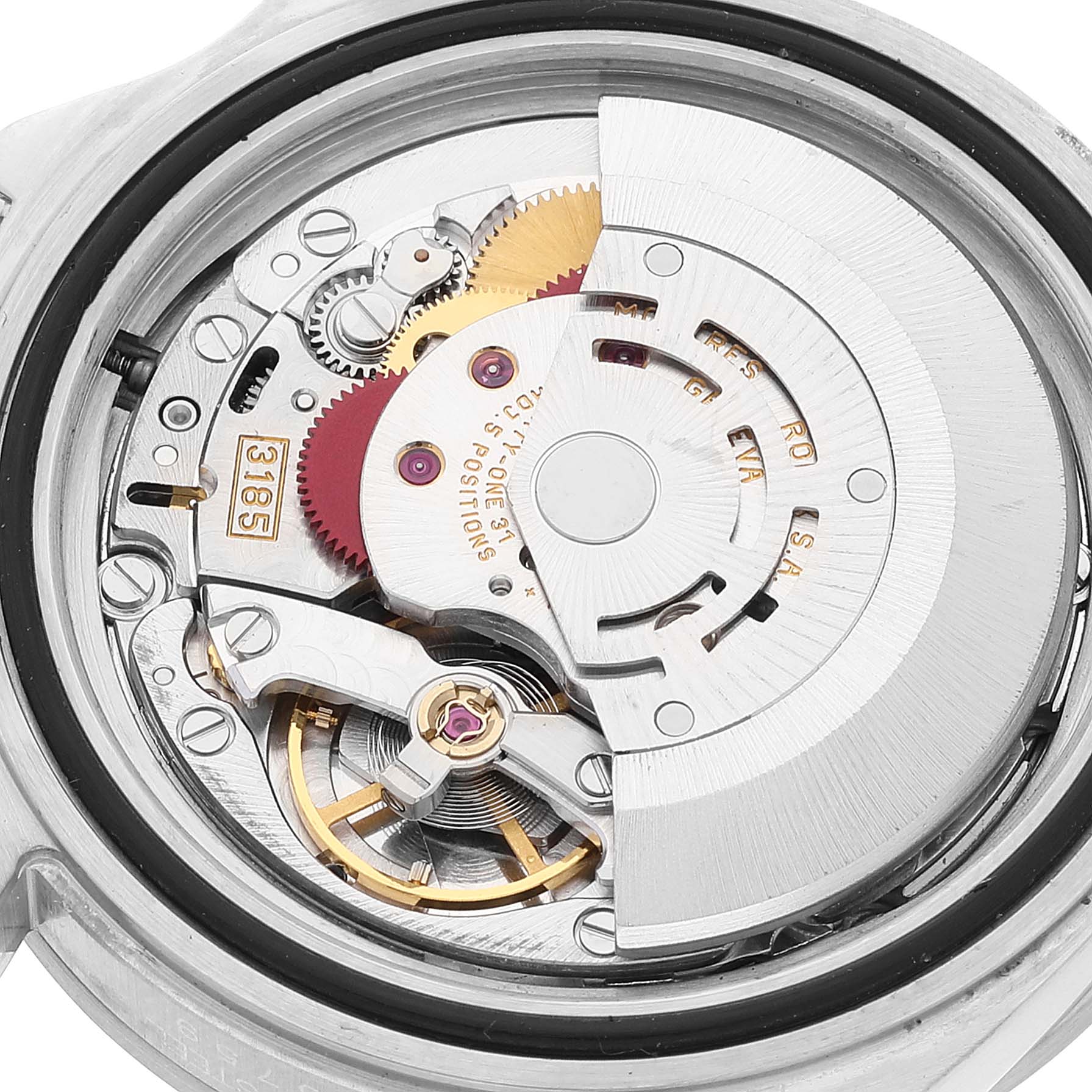 This close-up image shows the intricate movement parts of a Rolex Explorer 16570 Men
s Stainless Steel Black Dial 16570 Men
s Stainless Steel Black Dial watch from a rear angle.