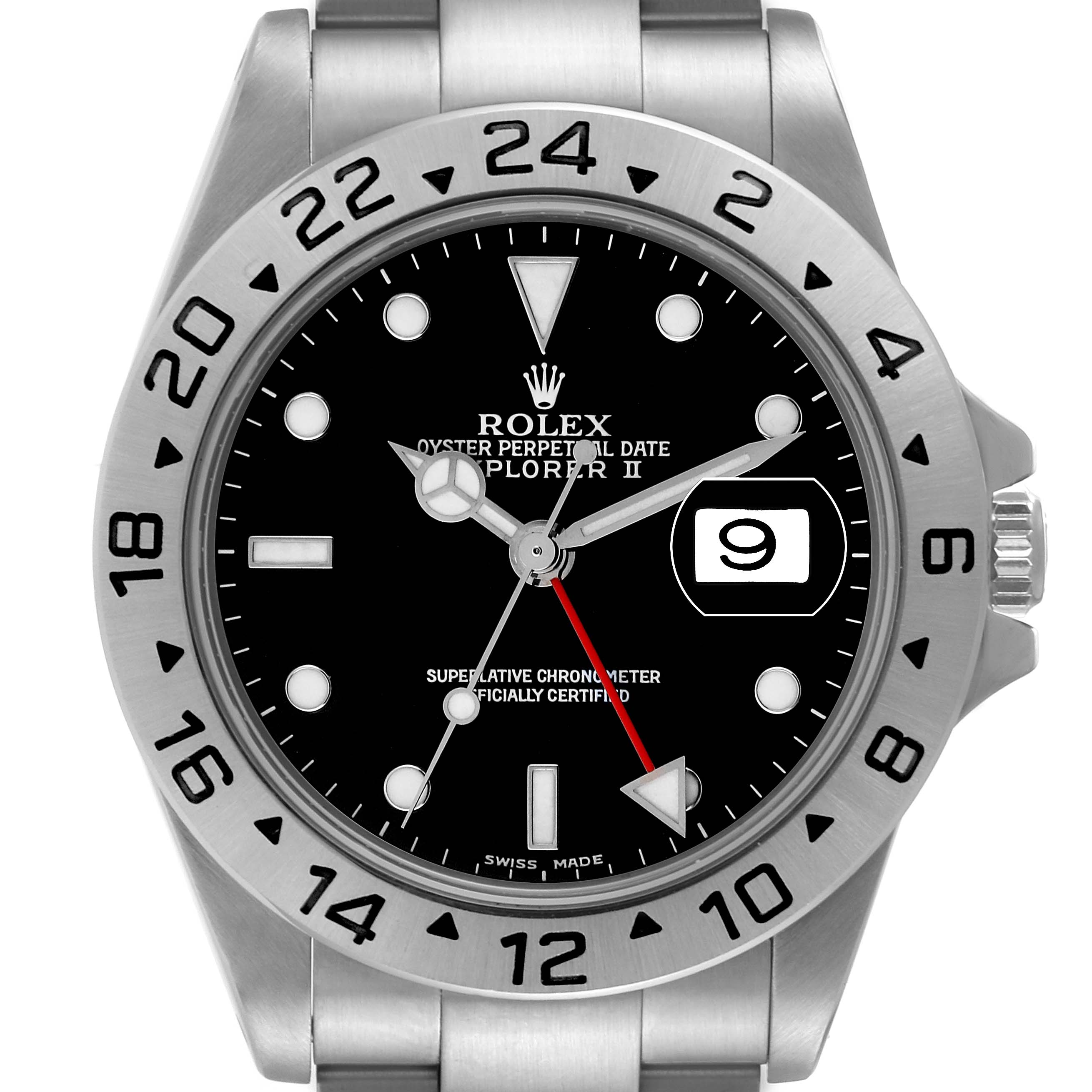 This image shows a front view of the Rolex Explorer 16570 Men
s Stainless Steel Black Dial 16570 Men
s Stainless Steel Black Dial watch, highlighting its dial, bezel, and bracelet.