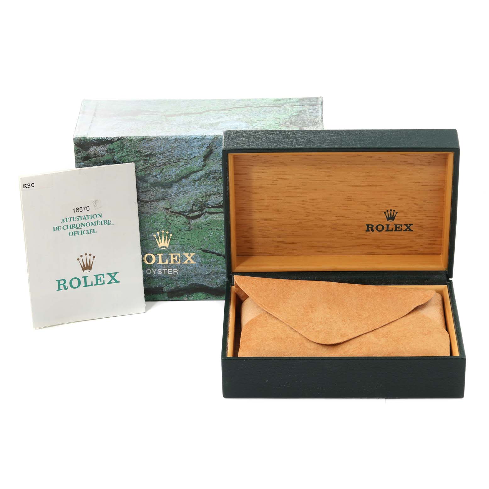 The image shows an open Rolex Explorer 16570 Men
s Stainless Steel Black Dial 16570 Men
s Stainless Steel Black Dial watch box, its outer box, and an official chronometer certificate.