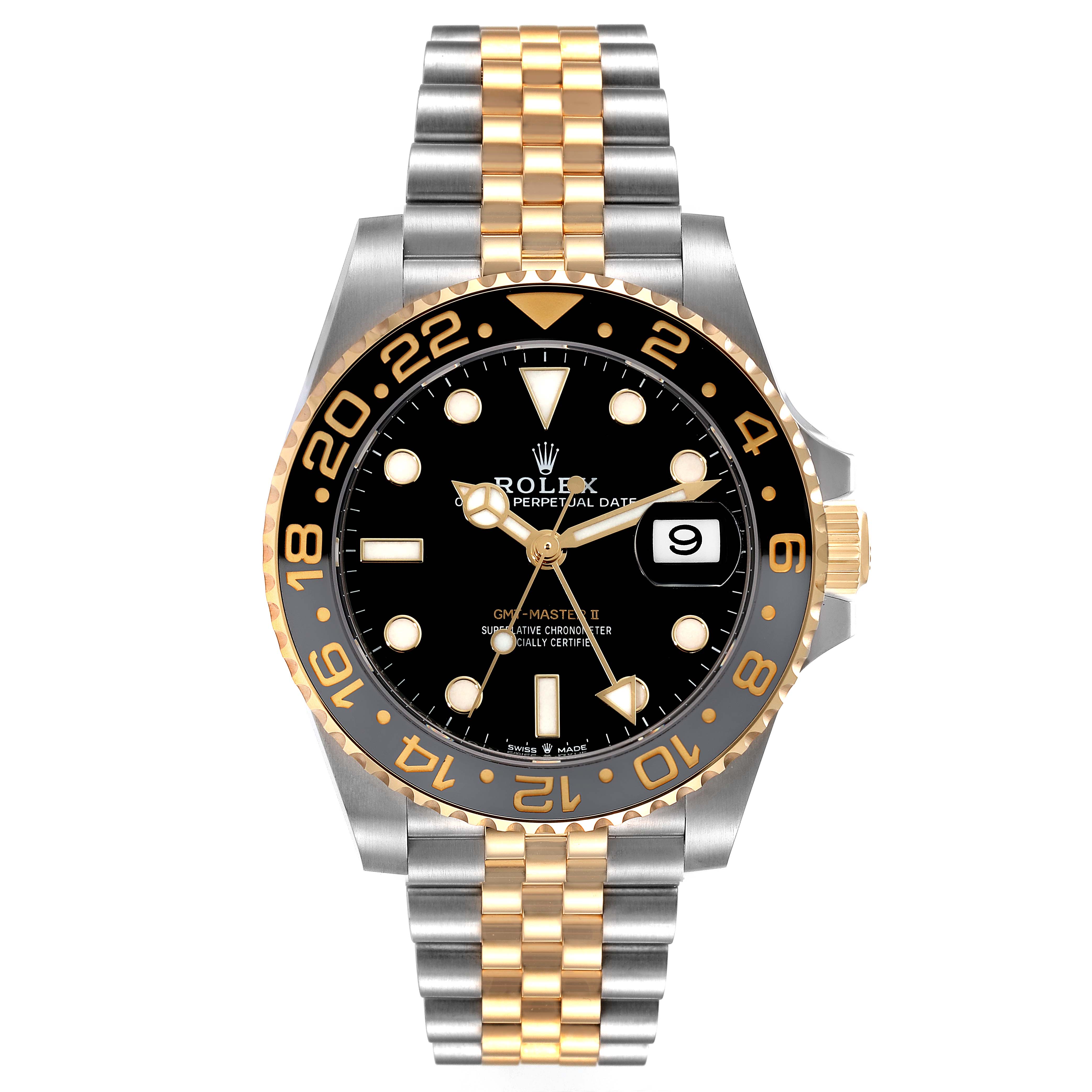 This image shows a front view of the Rolex GMT-Master 126713 Men's Stainless Steel Black Dial 126713 Men's Stainless Steel Black Dial watch, featuring a two-tone bracelet and a black dial with a date display.