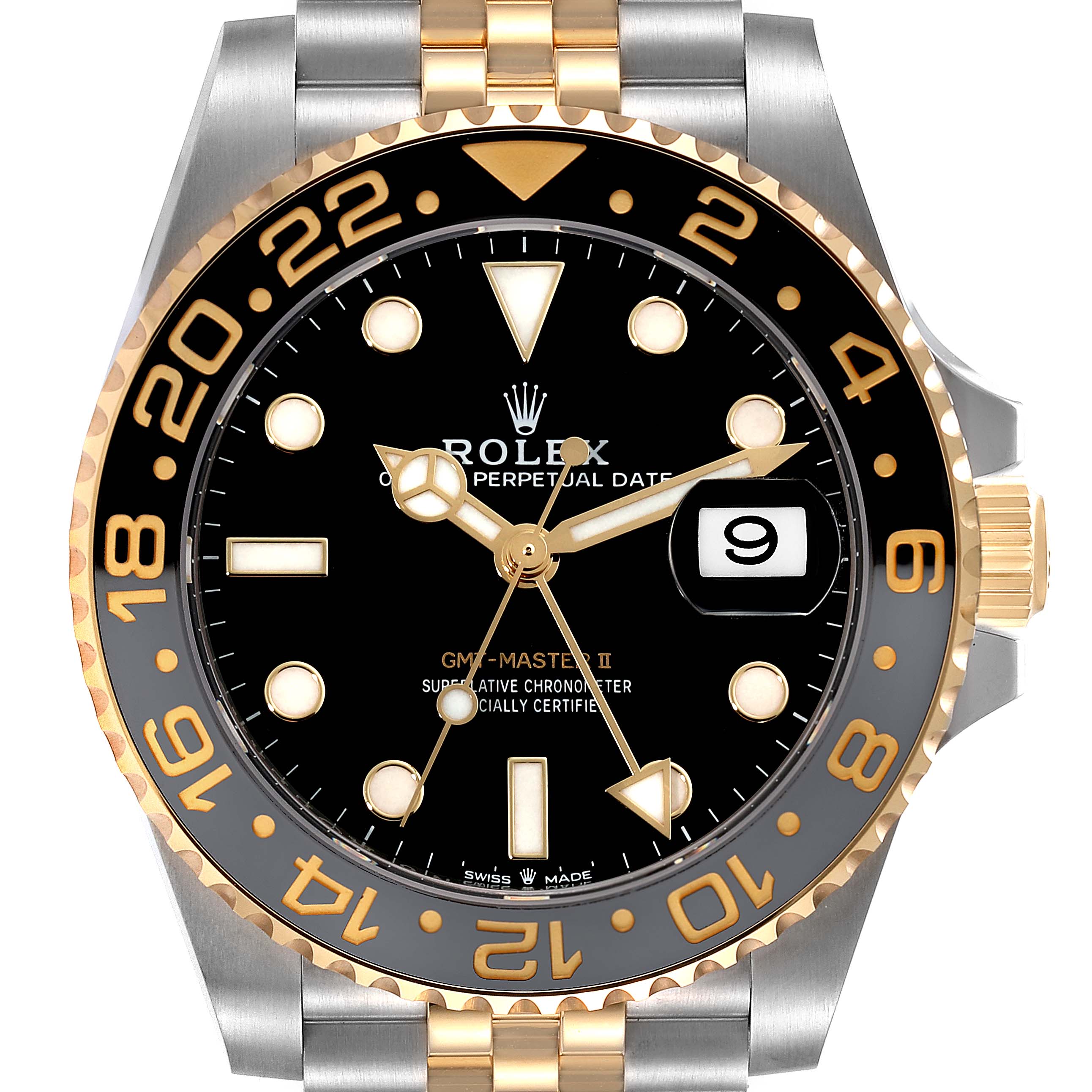 The image shows a front view of a Rolex GMT-Master 126713 Men's Stainless Steel Black Dial 126713 Men's Stainless Steel Black Dial II watch, displaying the dial, bezel, crown, and part of the bracelet.
