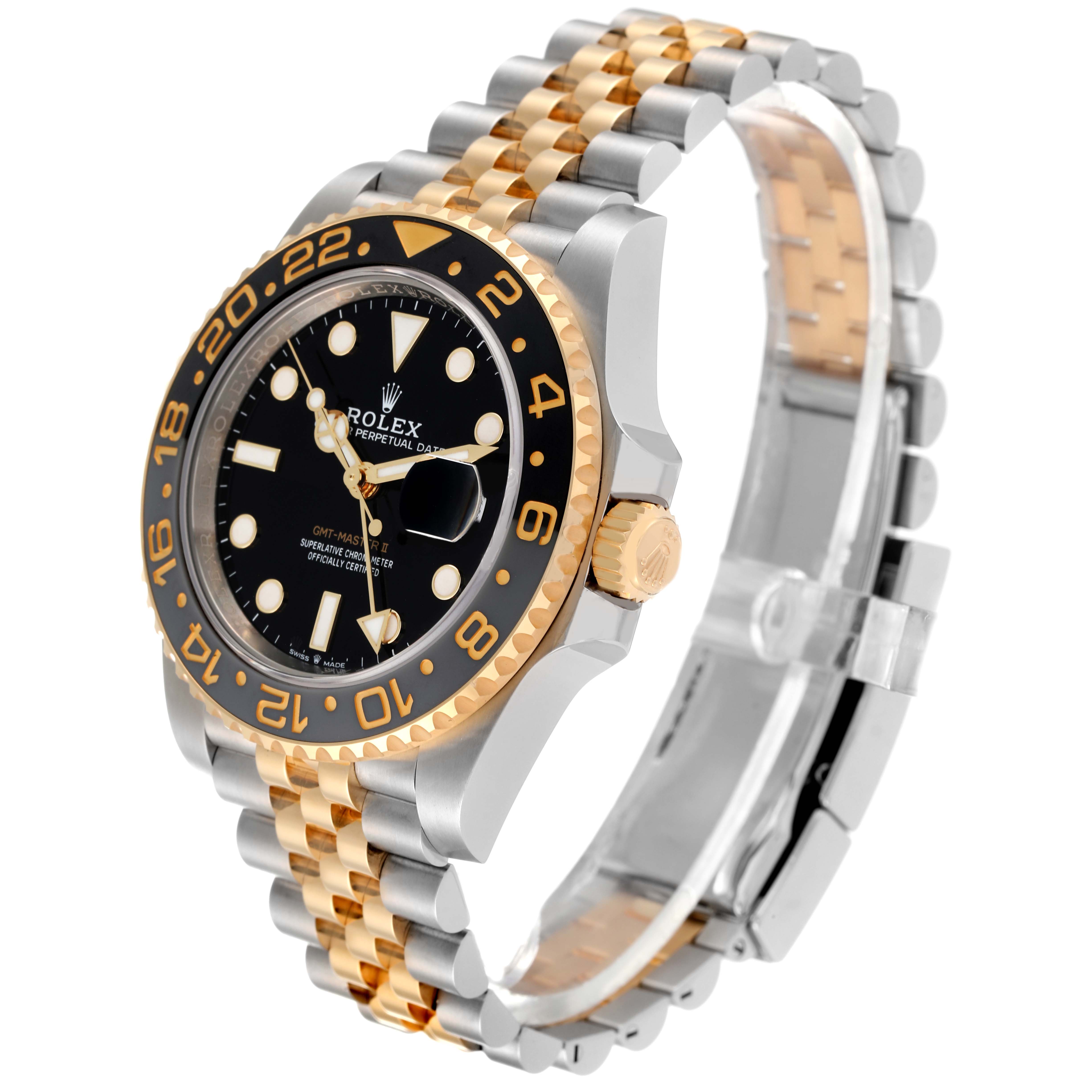 The image shows a side angle of a Rolex GMT-Master 126713 Men's Stainless Steel Black Dial 126713 Men's Stainless Steel Black Dial watch, highlighting the face, bezel, crown, and part of the bracelet.