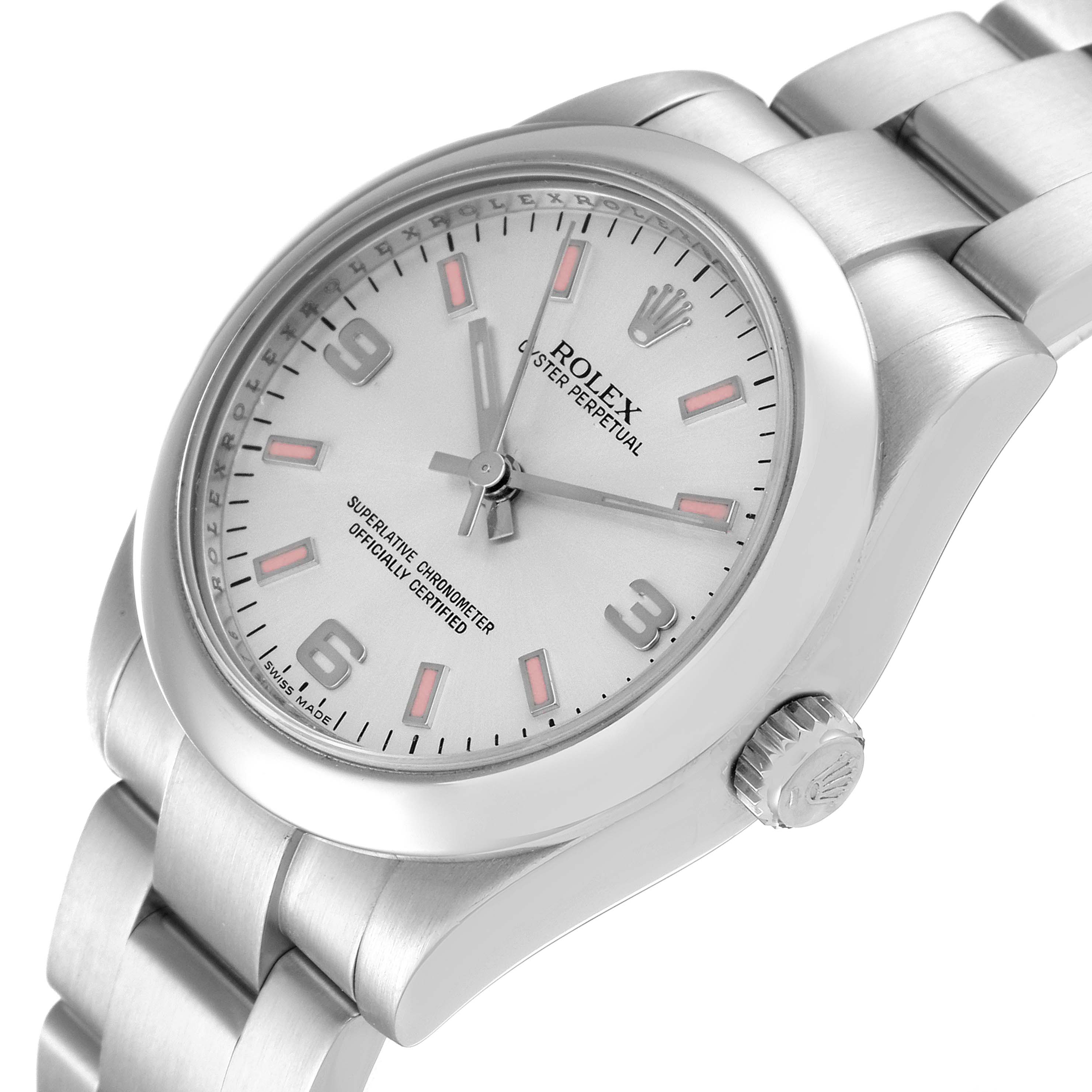 This image shows the Rolex Mid-Size 177200 Women
s Stainless Steel Silver Dial 177200 Women
s Stainless Steel Silver Dial watch at a slight angle, highlighting the dial, case, and part of the bracelet.