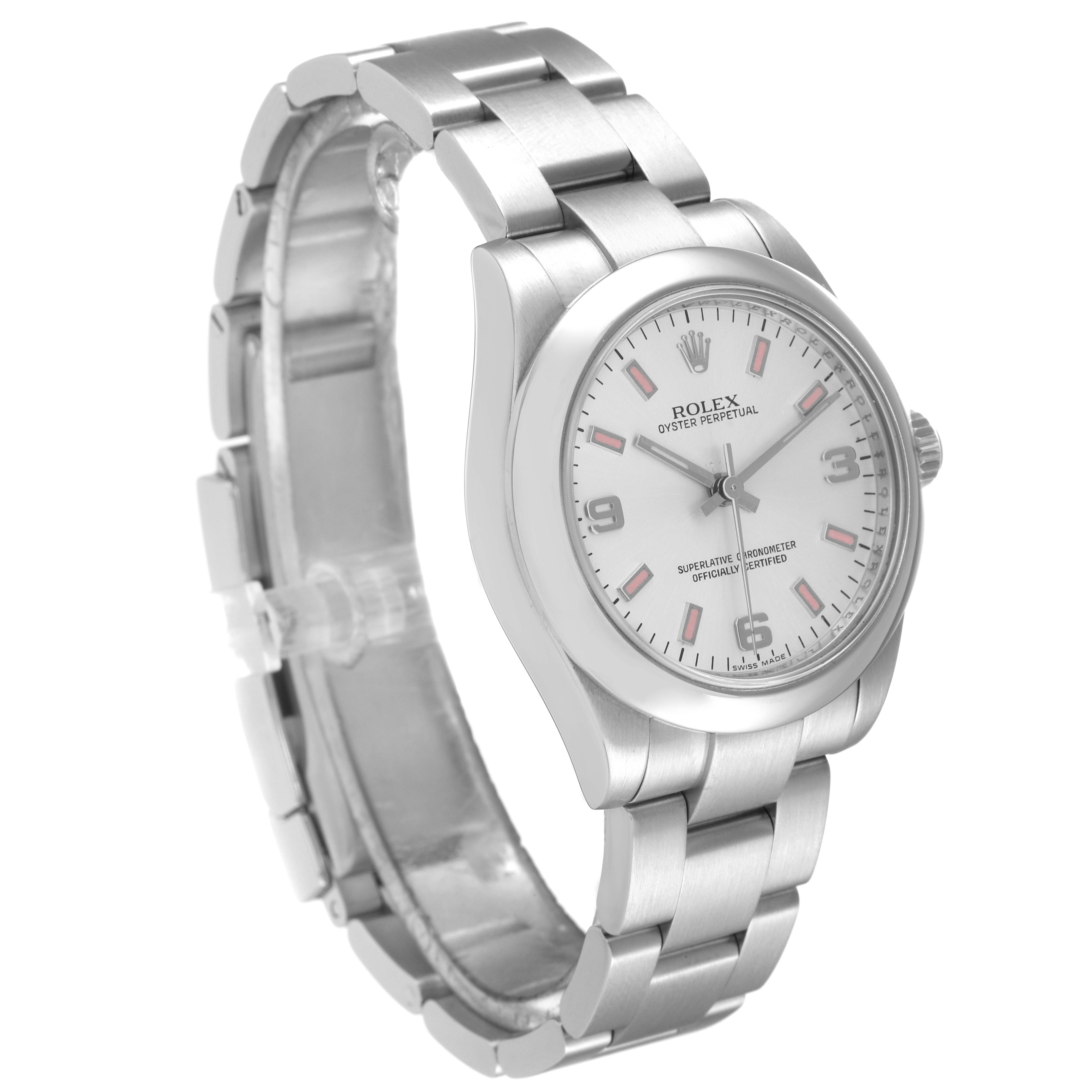 The watch, a Rolex Mid-Size 177200 Women
s Stainless Steel Silver Dial 177200 Women
s Stainless Steel Silver Dial model, is shown at a three-quarter angle highlighting its face, bezel, and band.